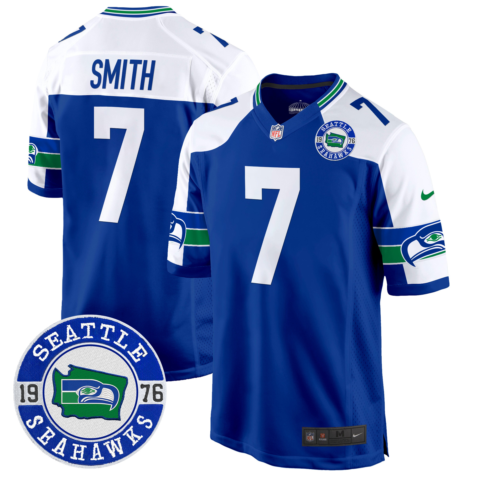 Men's Geno Smith Seattle Seahawks Throwback Est. 1976 Patch Game Royal Alternate Jersey - All Stitched