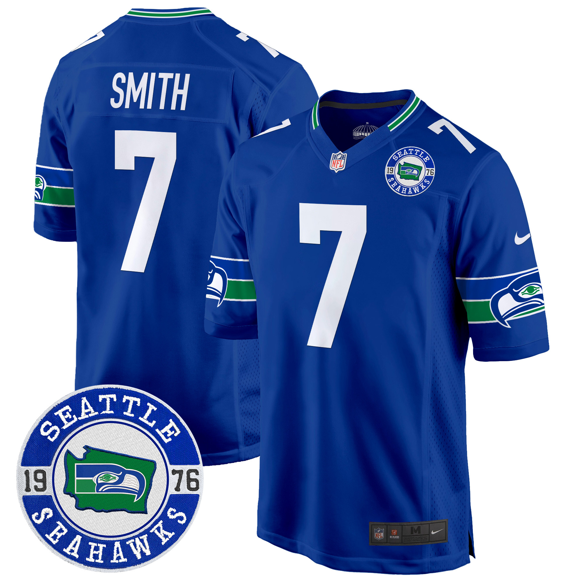 Men's Geno Smith Seattle Seahawks Throwback Est. 1976 Patch Game Royal Jersey - All Stitched