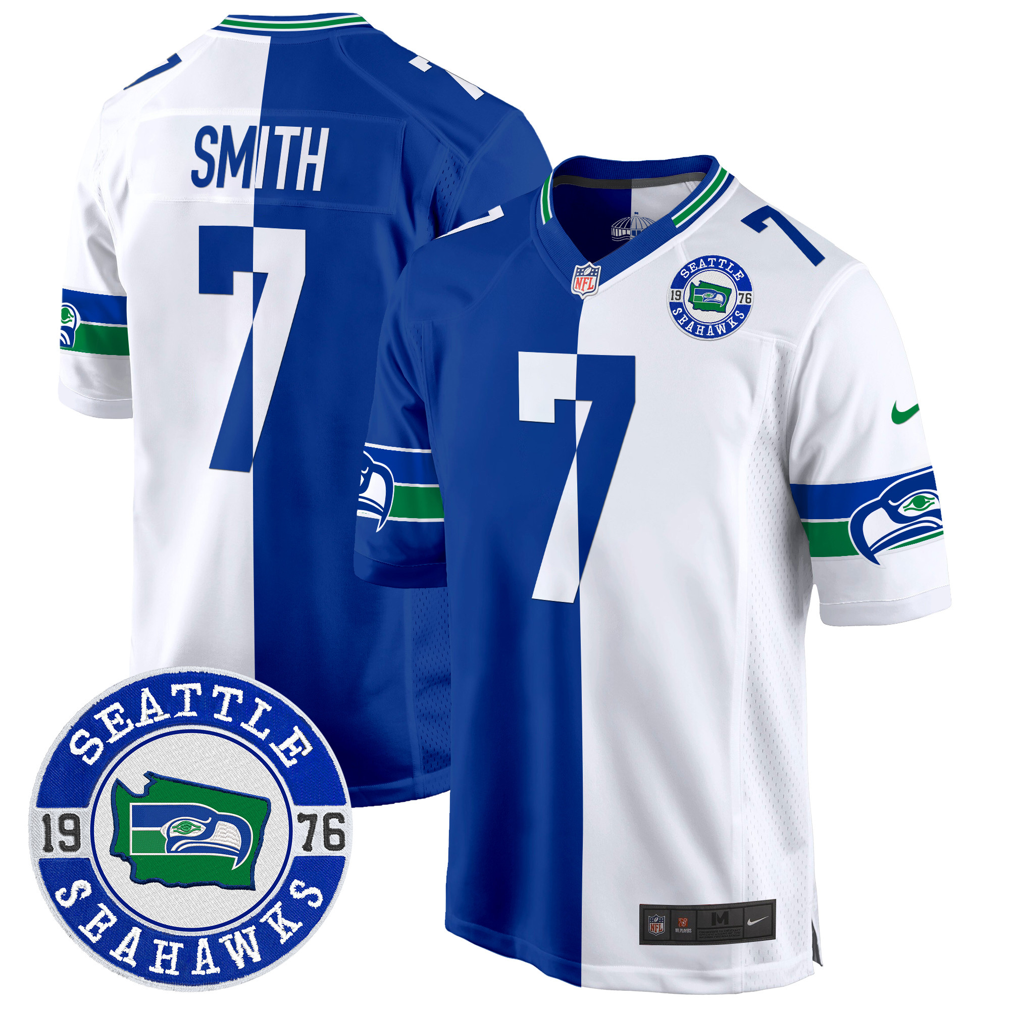 Men's Geno Smith Seattle Seahawks Throwback Est. 1976 Patch Game Split Jersey - All Stitched