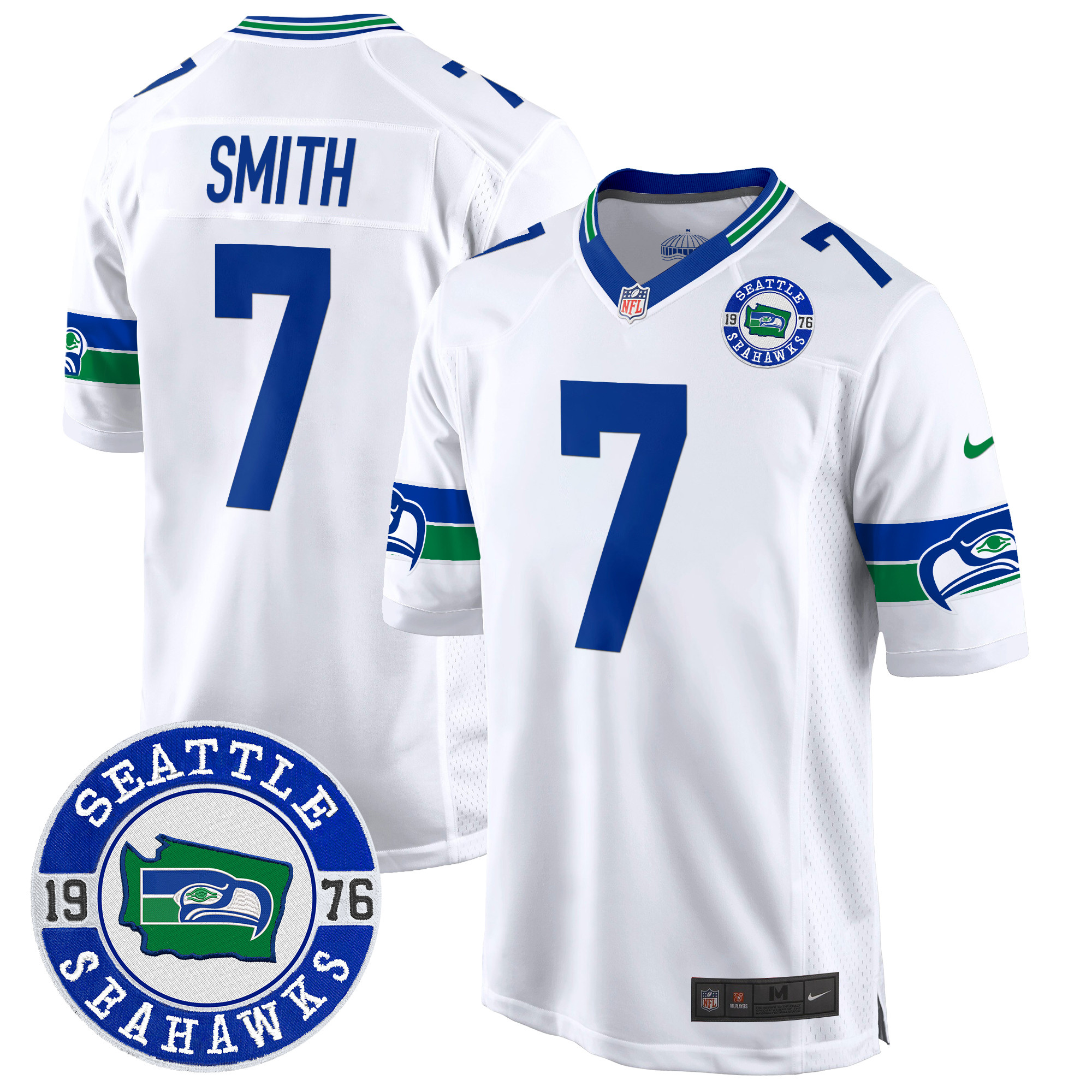 Men's Geno Smith Seattle Seahawks Throwback Est. 1976 Patch Game White Jersey - All Stitched