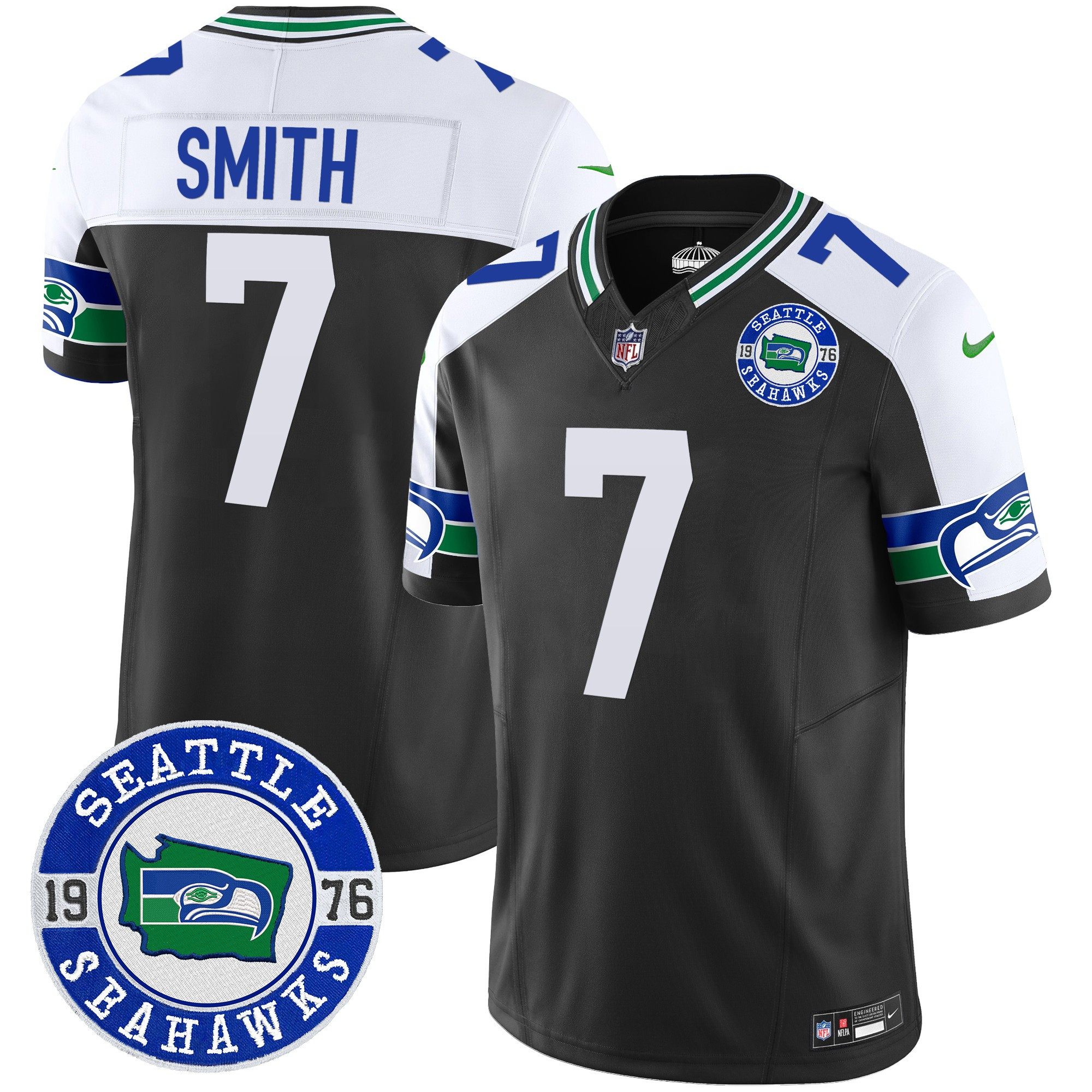 Men's Geno Smith Seattle Seahawks Throwback Est. 1976 Patch Vapor Limited Black Alternate Jersey - All Stitched