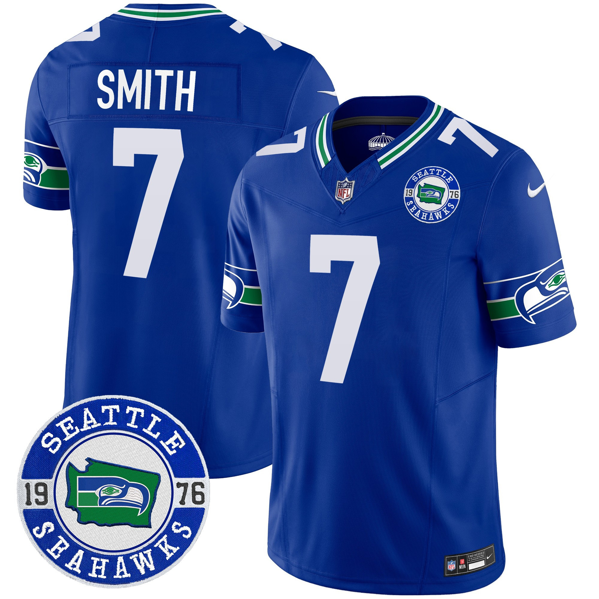 Men's Geno Smith Seattle Seahawks Throwback Est. 1976 Patch Vapor Limited Royal Jersey - All Stitched