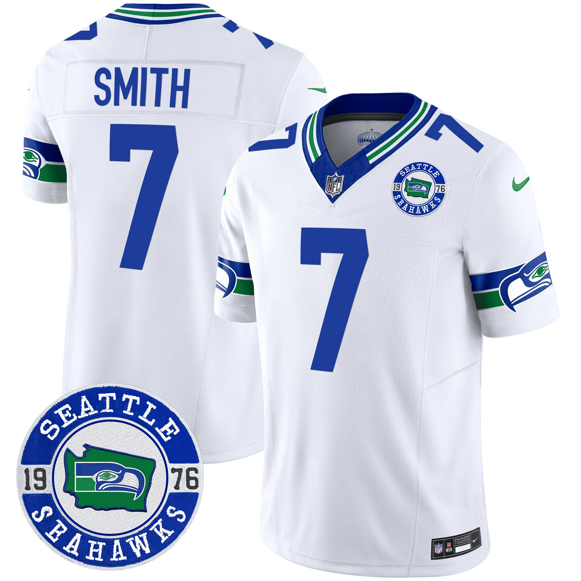 Men's Geno Smith Seattle Seahawks Throwback Est. 1976 Patch Vapor Limited White Jersey - All Stitched