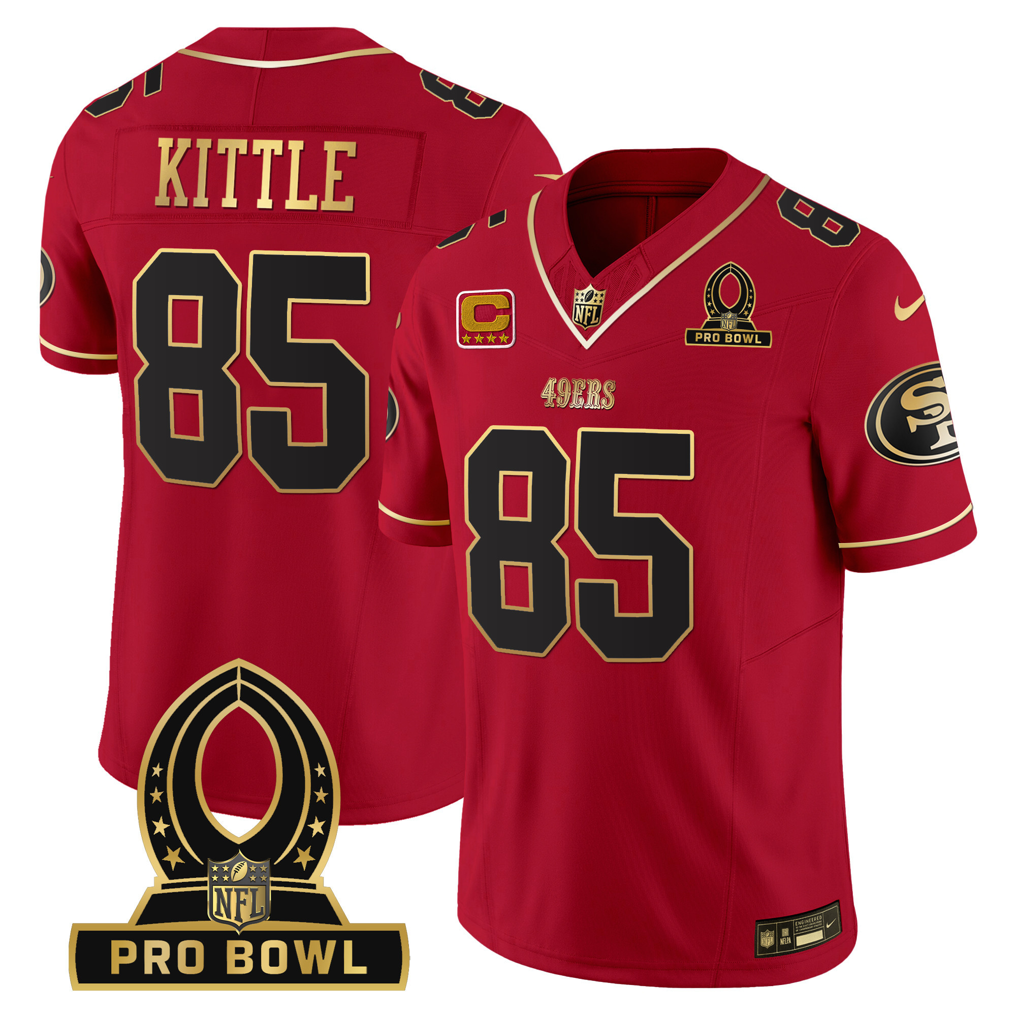Men's George Kittle San Francisco 49ers 2024 Pro Bowl Patch Vapor Scarlet Limited Jersey - All Stitched