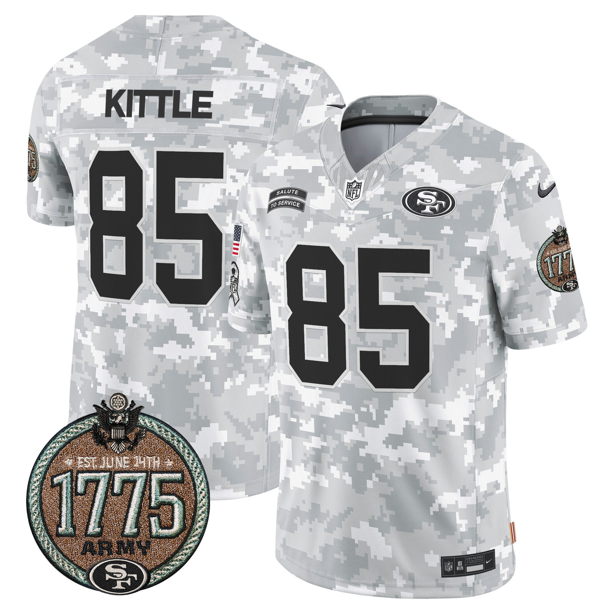 Men's George Kittle San Francisco 49ers 2024 Salute to Service Establishment Year Patch Vapor Limited Army Jersey - All Stitched