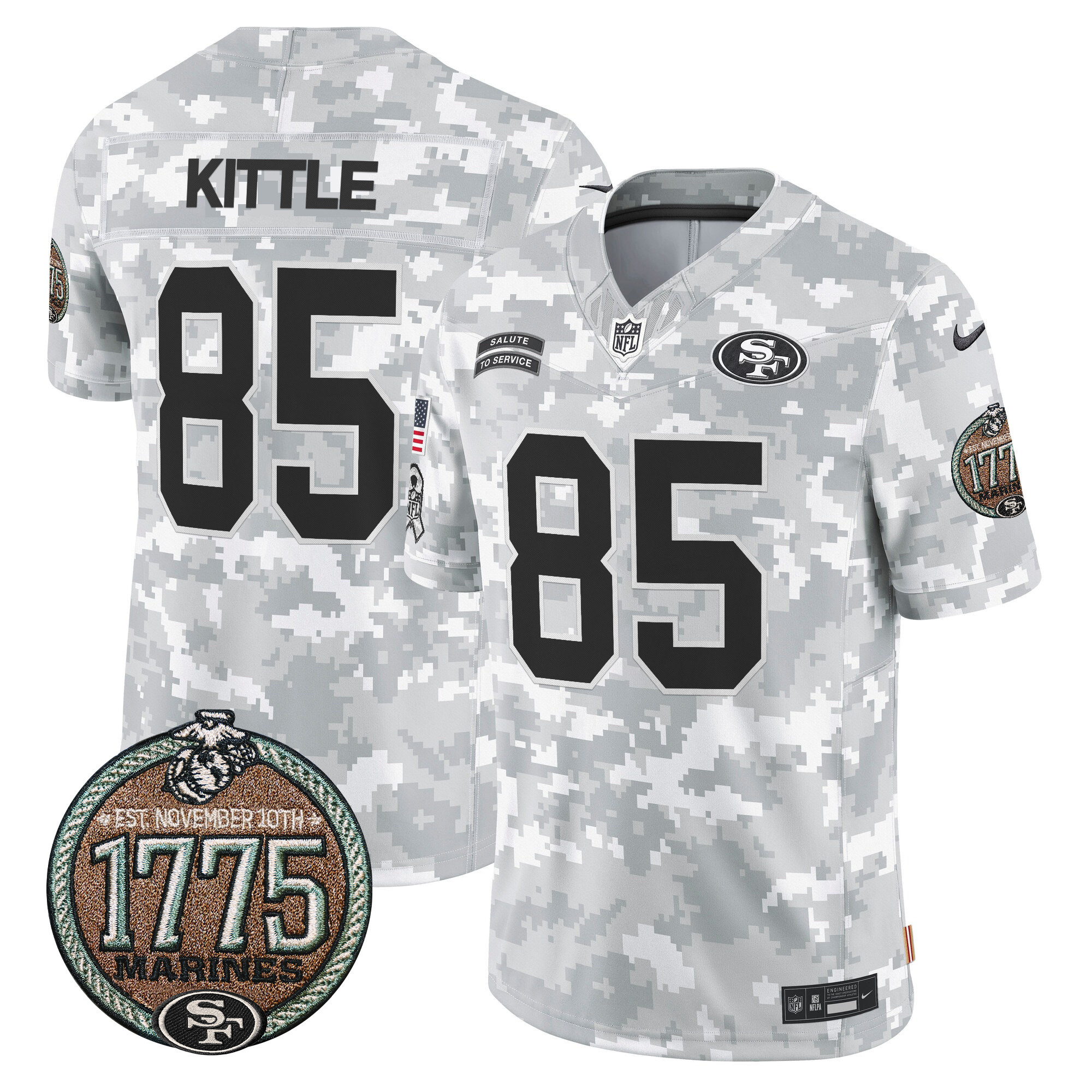 Men's George Kittle San Francisco 49ers 2024 Salute to Service Establishment Year Patch Vapor Limited Marines Jersey - All Stitched