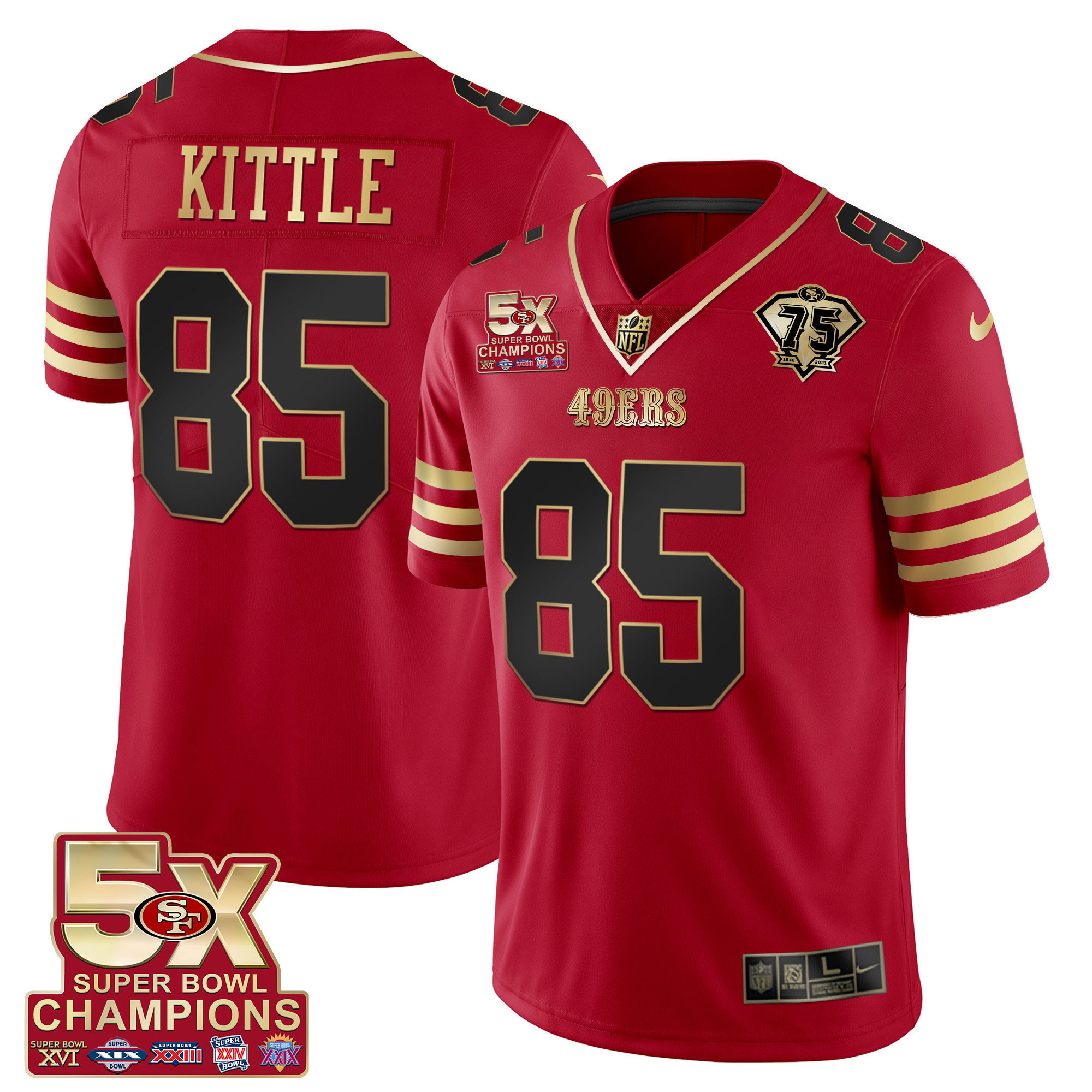 Men's George Kittle San Francisco 49ers 5x Super Bowl Patch Black Red Vapor Black Red Jersey - Stitched