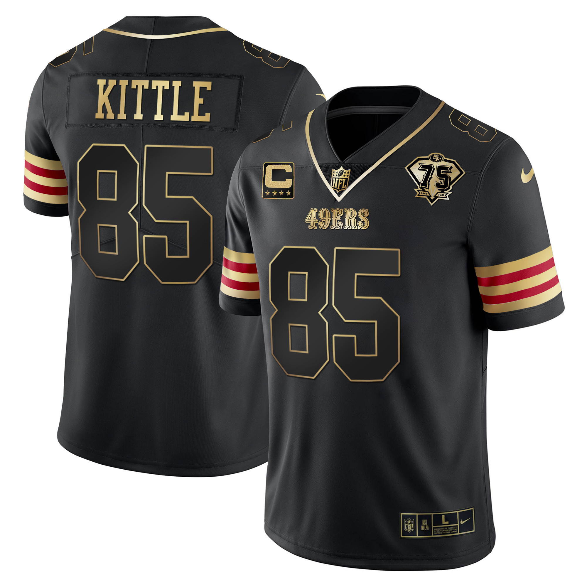 Men's George Kittle San Francisco 49ers 75th Anniversary Patch Vapor Gold Black Gold Jersey V2 - All Stitched