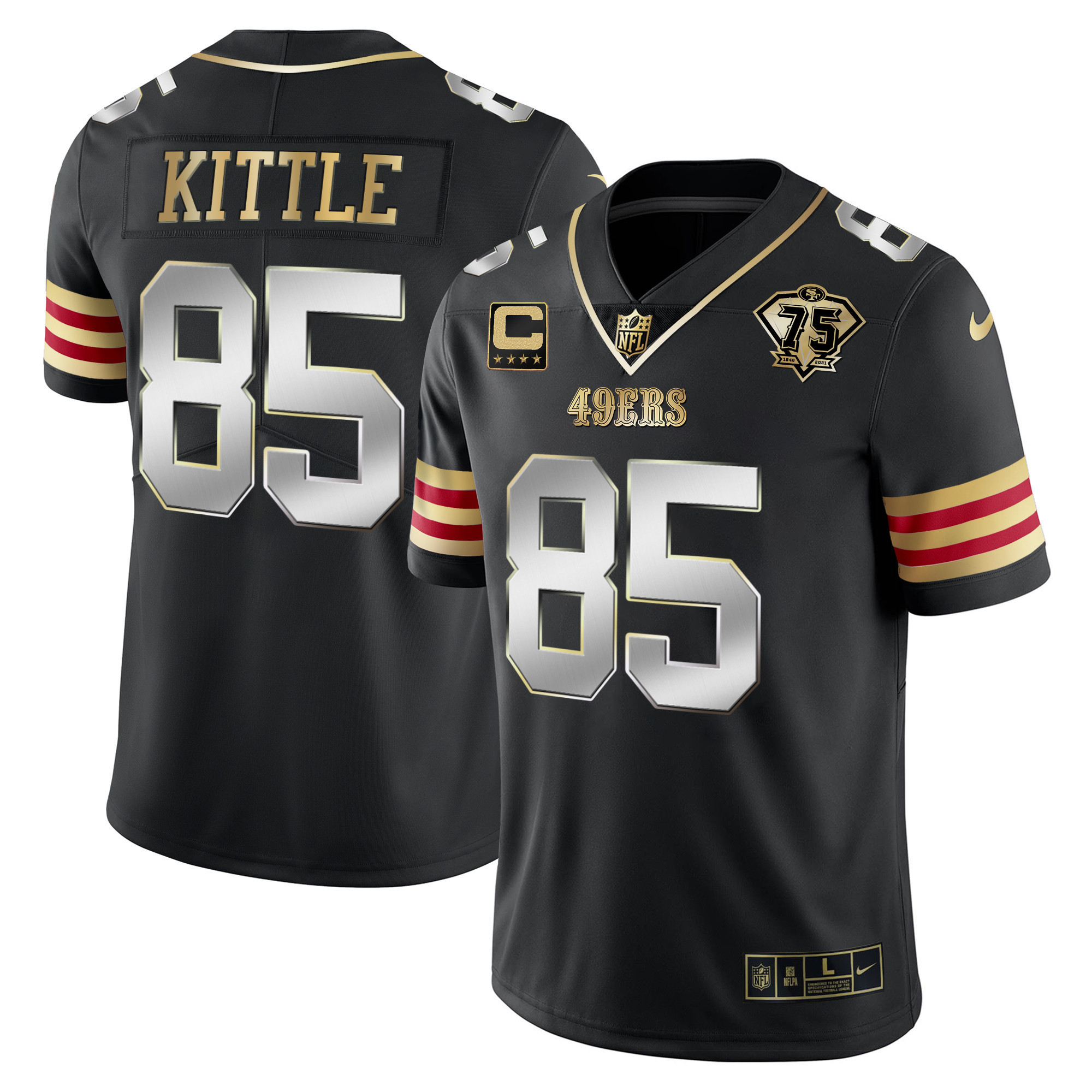 Men's George Kittle San Francisco 49ers 75th Anniversary Patch Vapor Gold Black Limited Jersey V2 - All Stitched