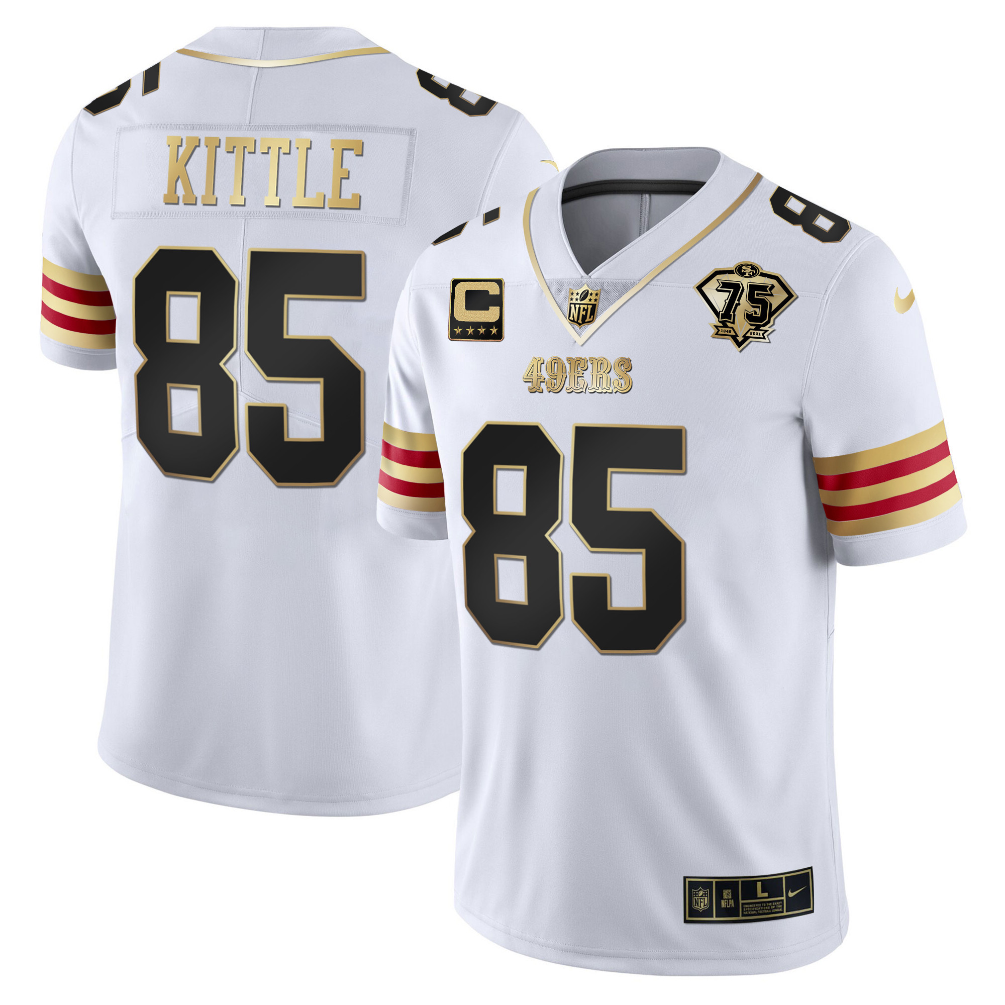 Men's George Kittle San Francisco 49ers 75th Anniversary Patch Vapor Gold White Gold Jersey V2 - All Stitched