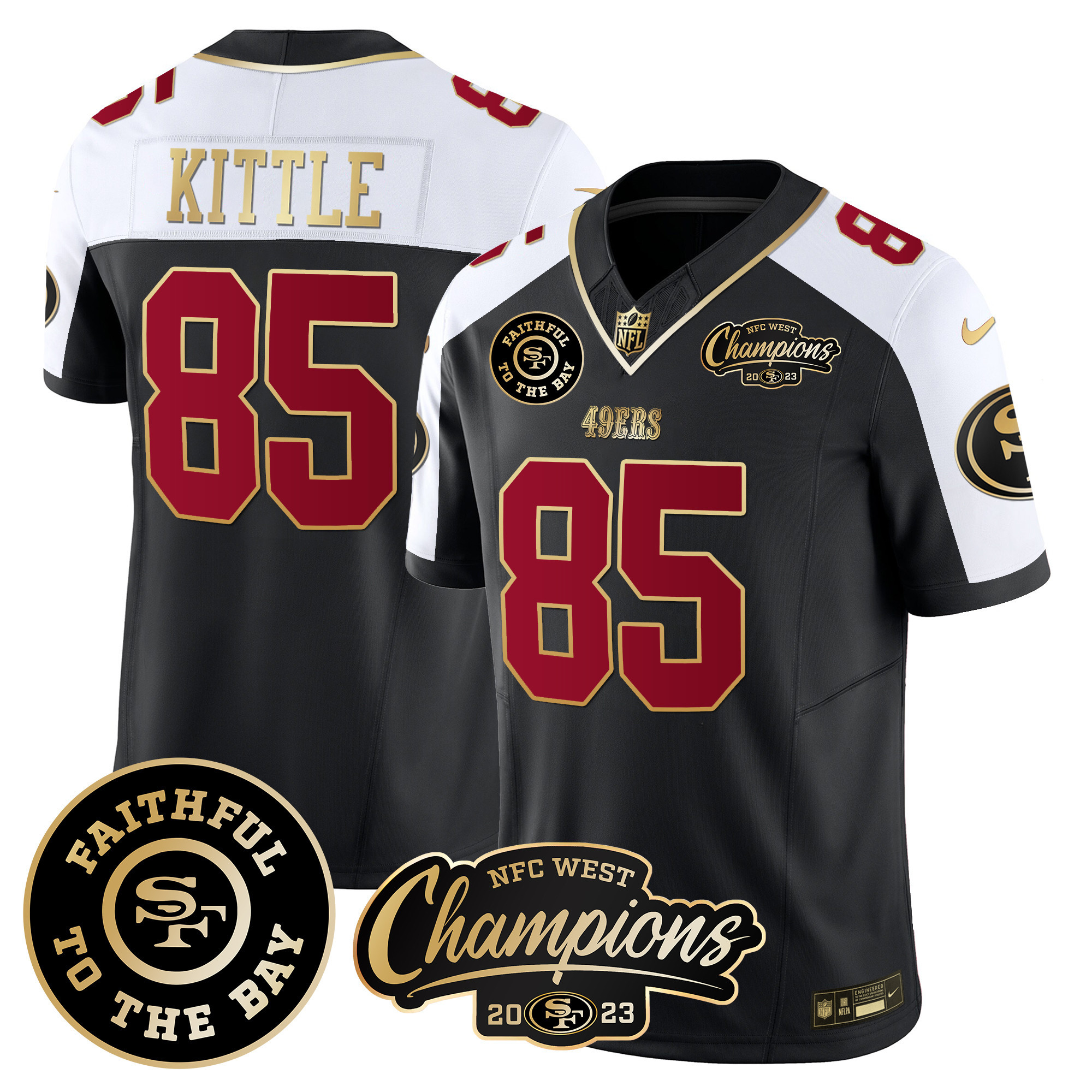 Men's George Kittle San Francisco 49ers Faithful & 2023 NFC West Champions Patch Vapor Black Alternate Jersey - All Stitched