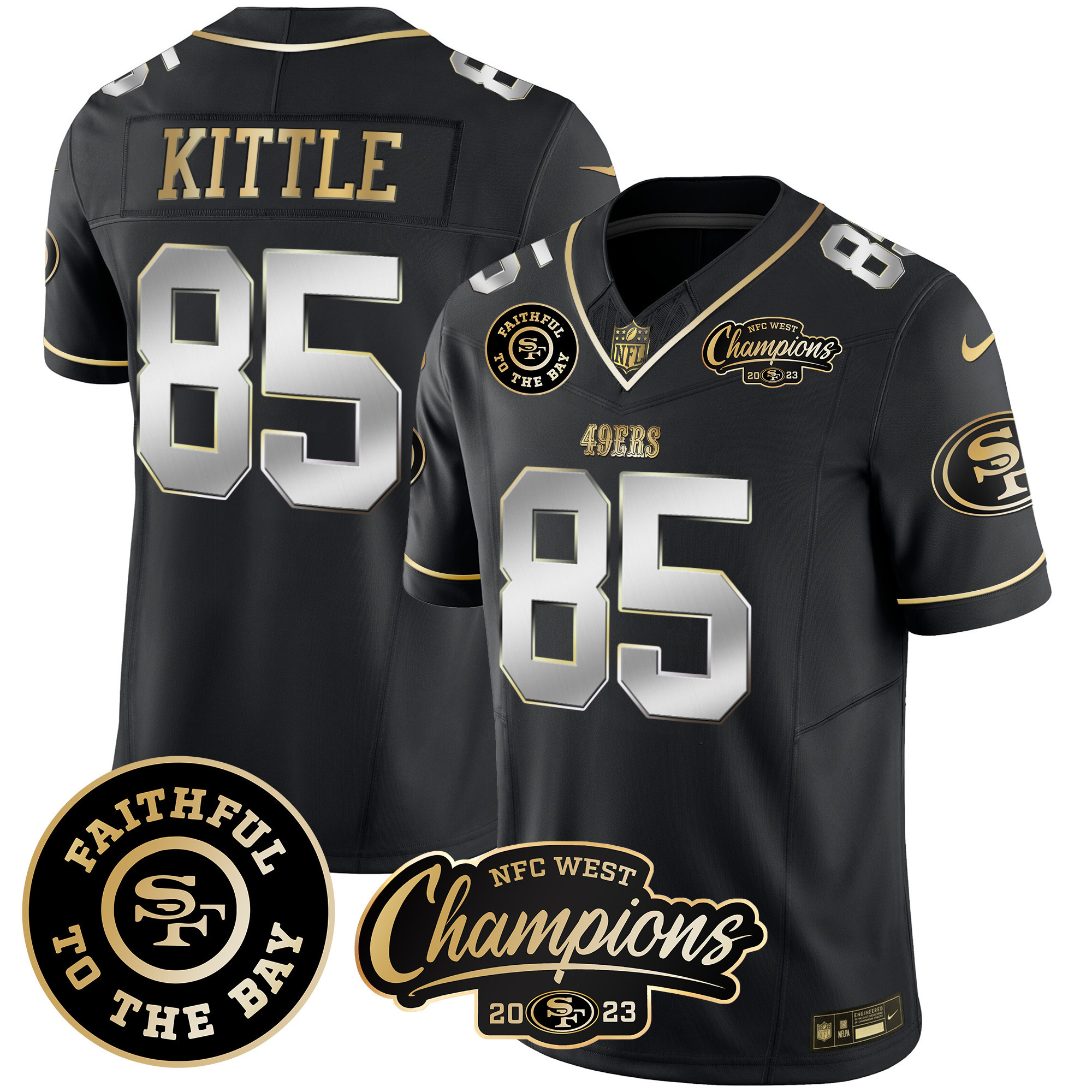 Men's George Kittle San Francisco 49ers Faithful & 2023 NFC West Champions Patch Vapor Black Limited Jersey - All Stitched