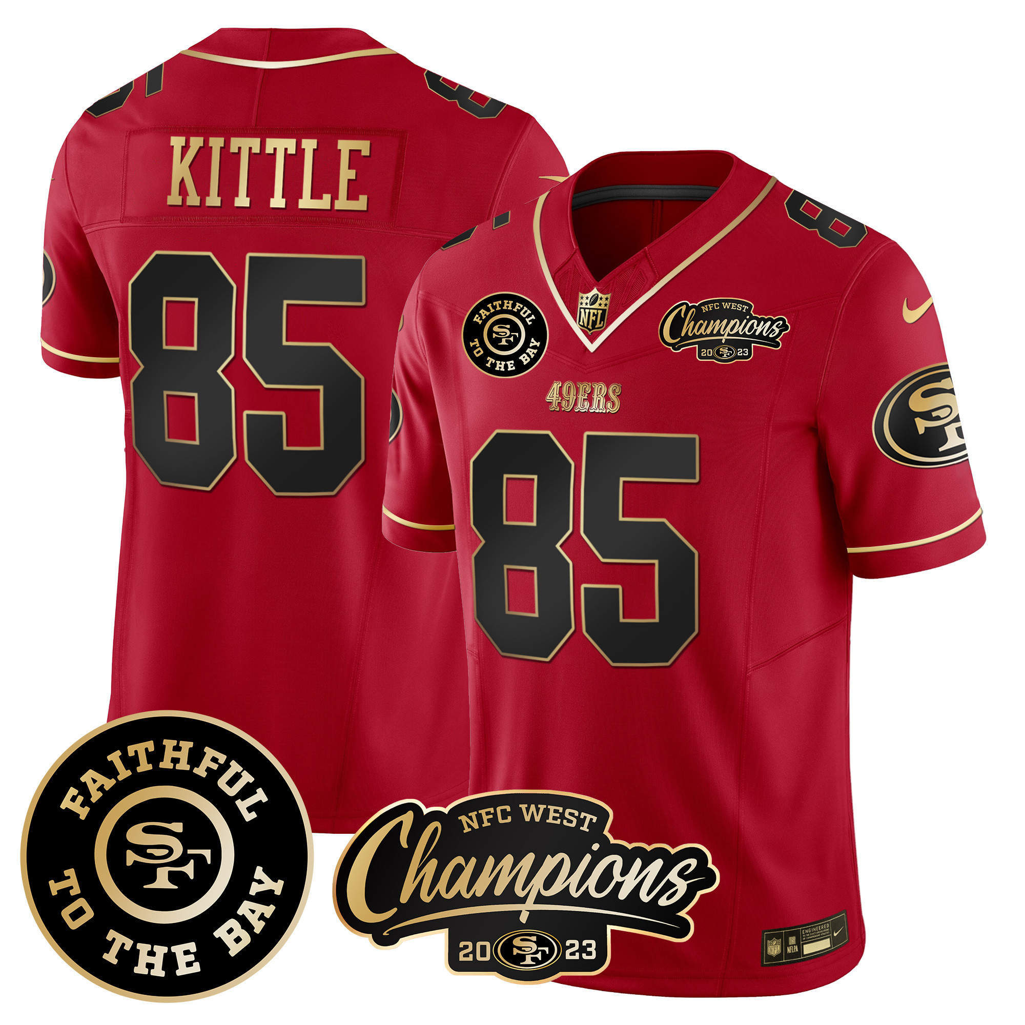 Men's George Kittle San Francisco 49ers Faithful & 2023 NFC West Champions Patch Vapor Scarlet Limited Jersey - All Stitched