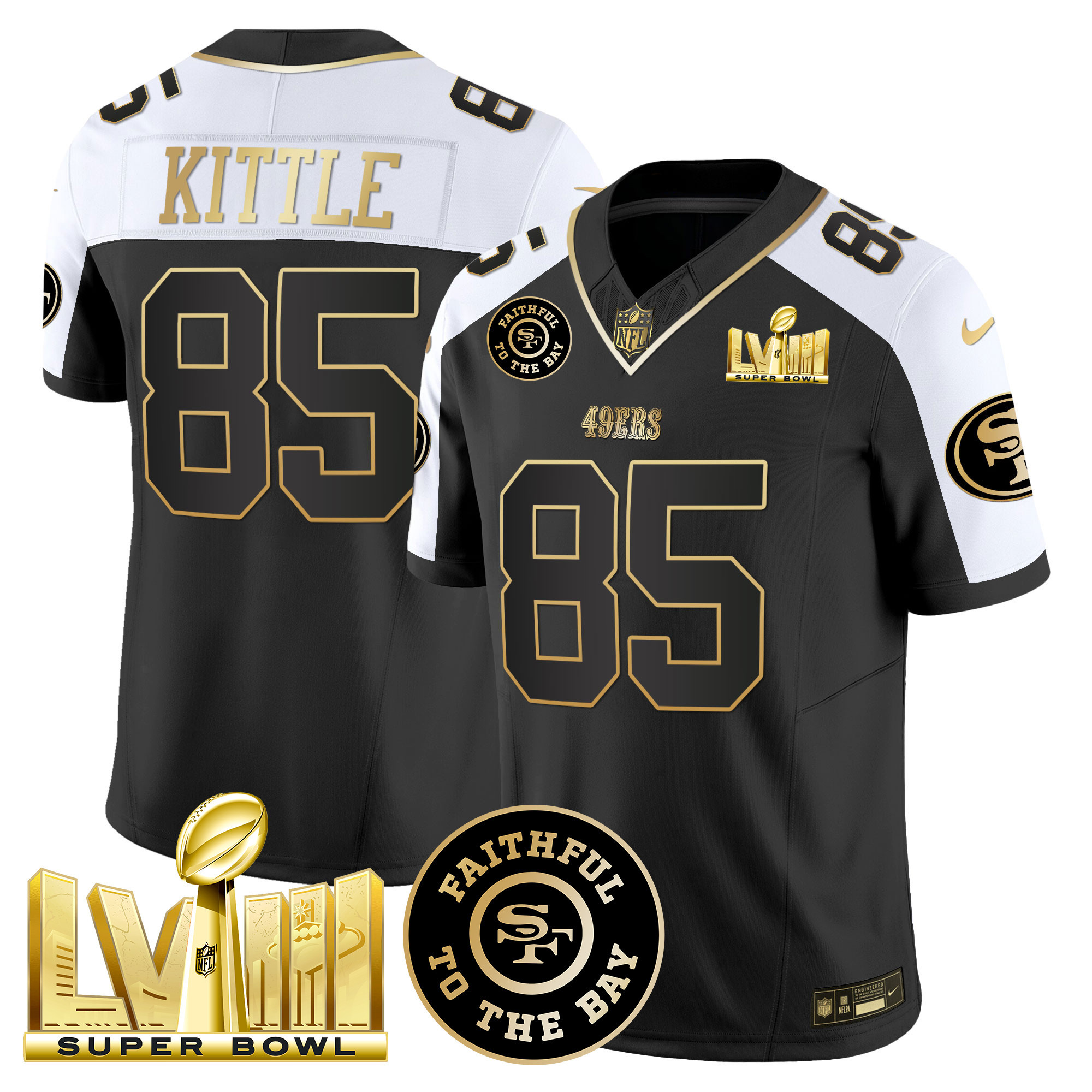 Men's George Kittle San Francisco 49ers Faithful & Super Bowl LVIII Gold Patch Vapor Black Alternate Jersey V2 - All Stitched