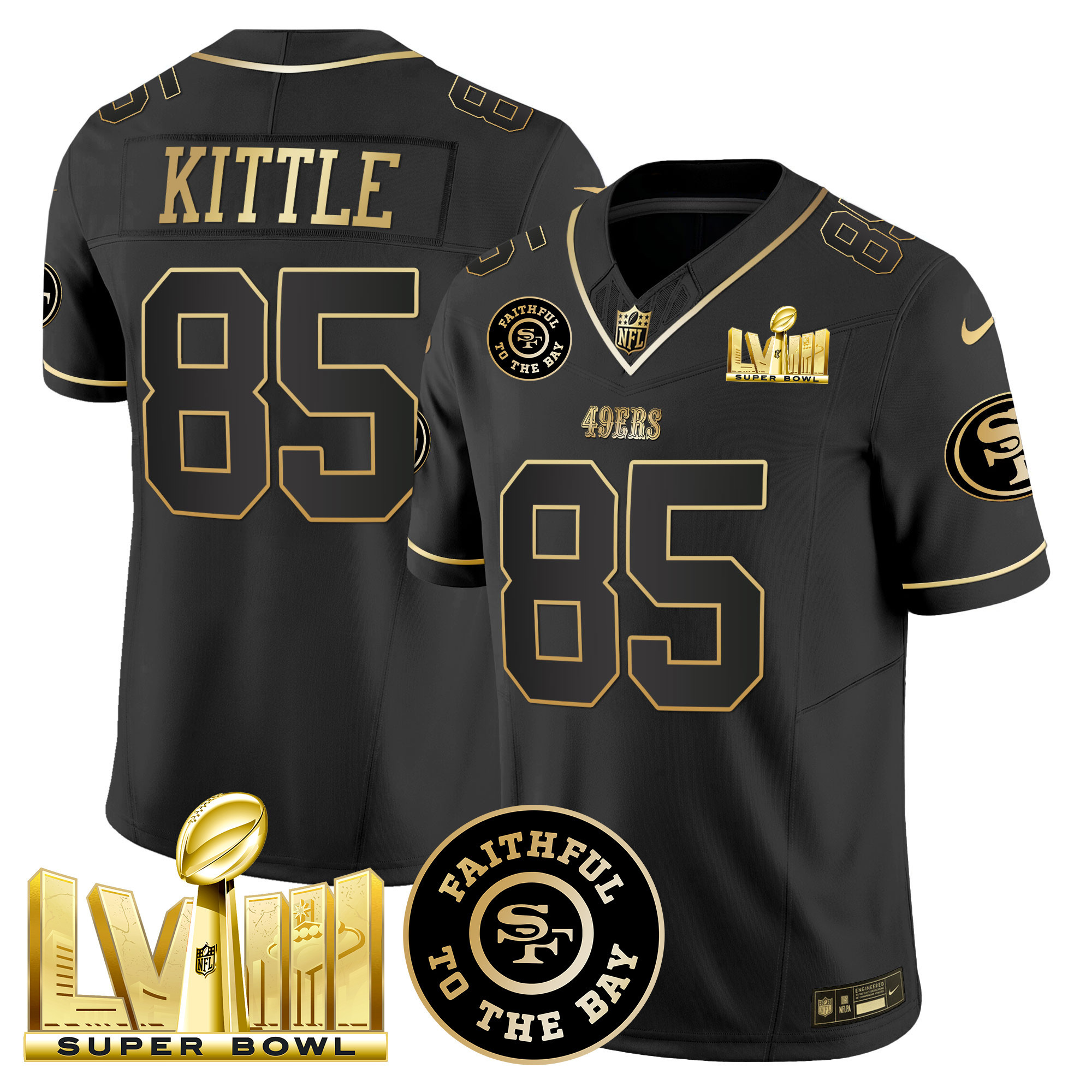 Men's George Kittle San Francisco 49ers Faithful & Super Bowl LVIII Gold Patch Vapor Black Gold Jersey V2 - All Stitched