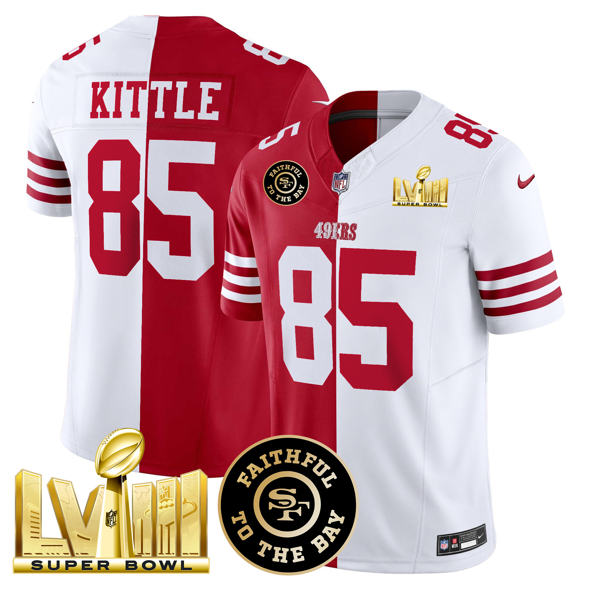 Men's George Kittle San Francisco 49ers Faithful & Super Bowl LVIII Gold Patch Vapor Split Jersey V2 - All Stitched
