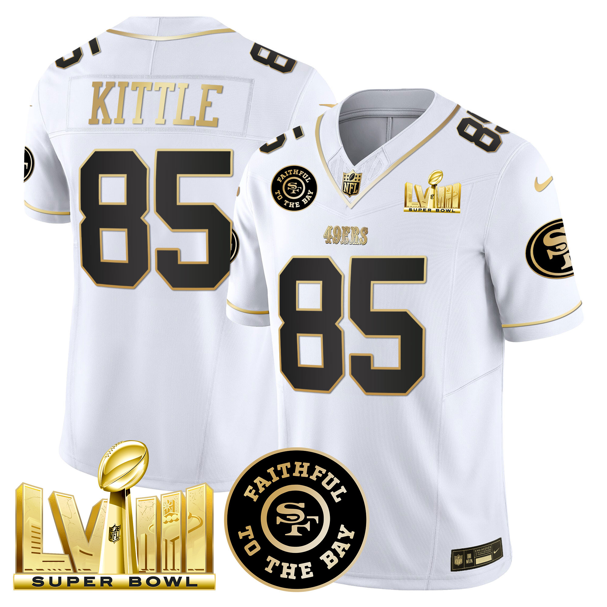 Men's George Kittle San Francisco 49ers Faithful & Super Bowl LVIII Gold Patch Vapor White Gold Jersey V2 - All Stitched