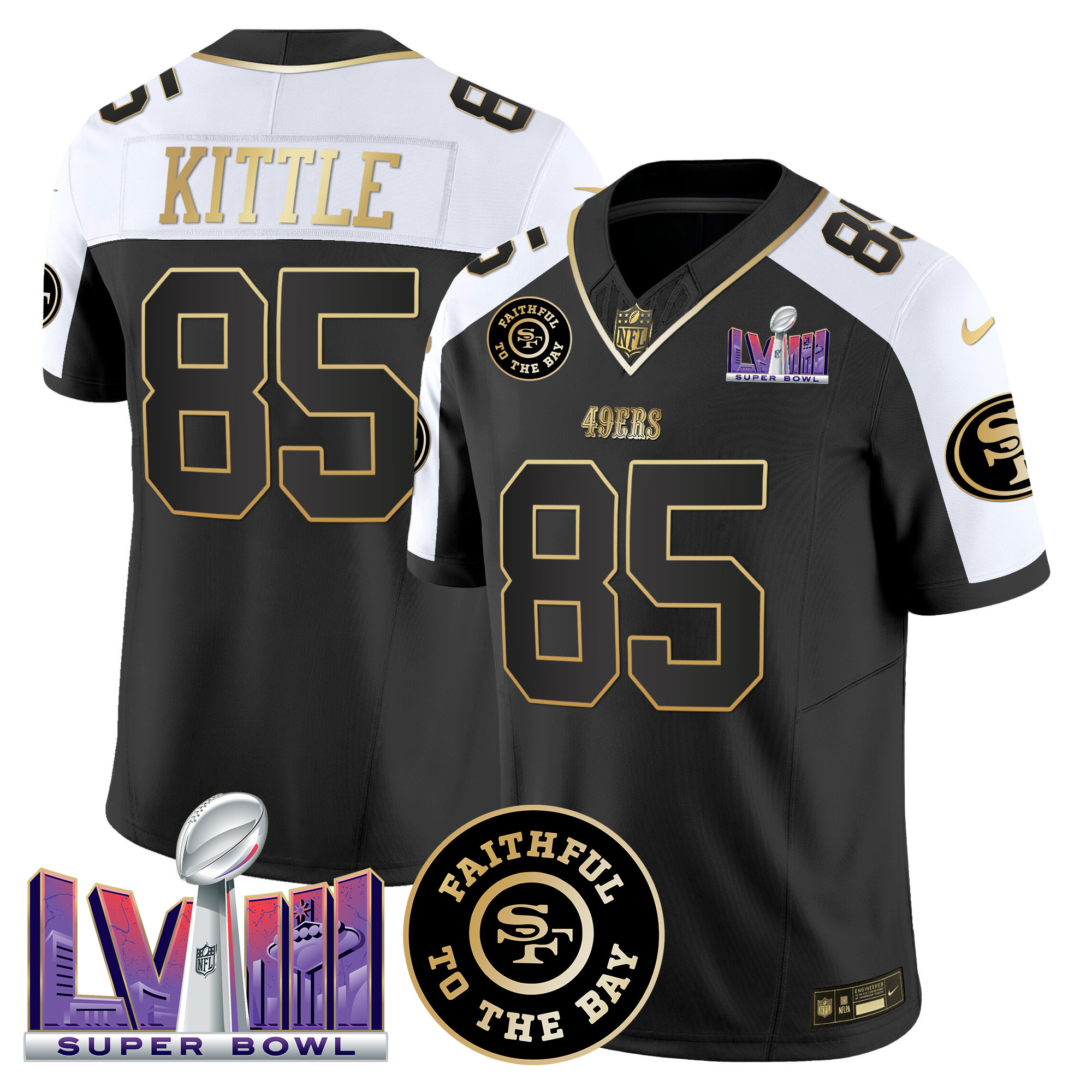 Men's George Kittle San Francisco 49ers Faithful & Super Bowl LVIII Patch Vapor Black Alternate Jersey V2 - All Stitched