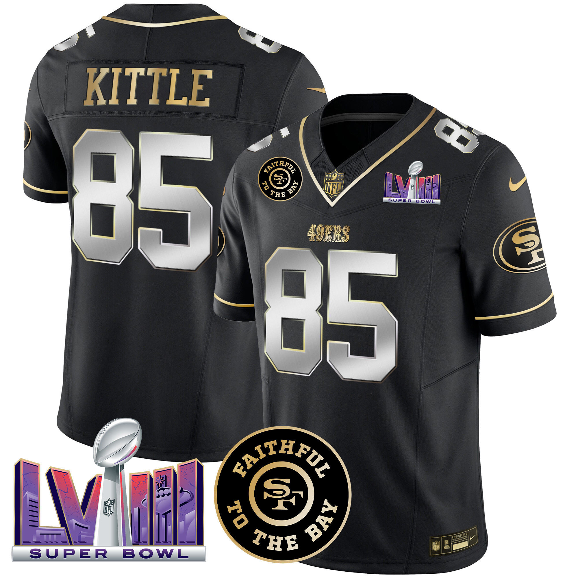Men's George Kittle San Francisco 49ers Faithful & Super Bowl LVIII Patch Vapor Black Limited Jersey - All Stitched
