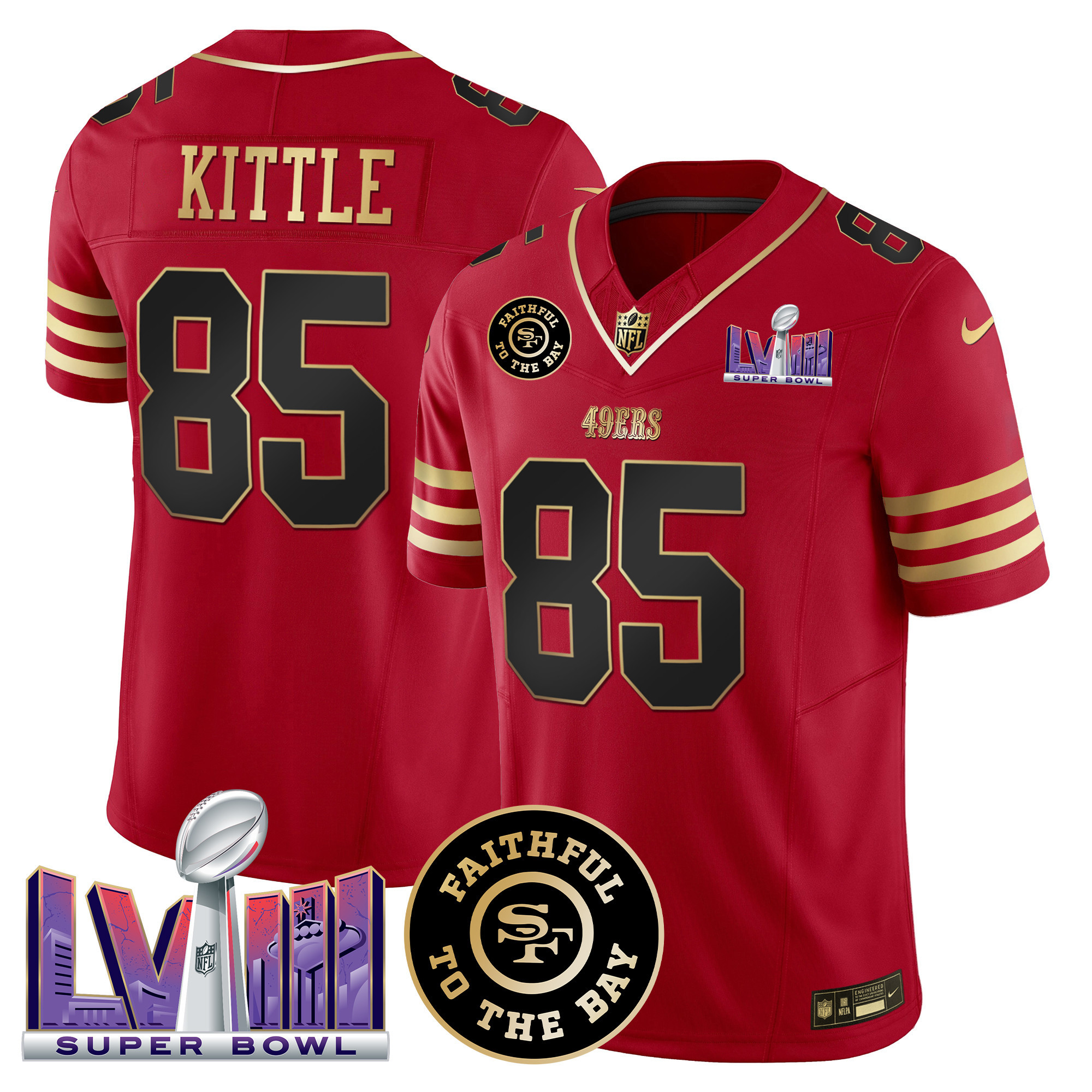 Men's George Kittle San Francisco 49ers Faithful & Super Bowl LVIII Patch Vapor Black Scarlet Jersey - All Stitched
