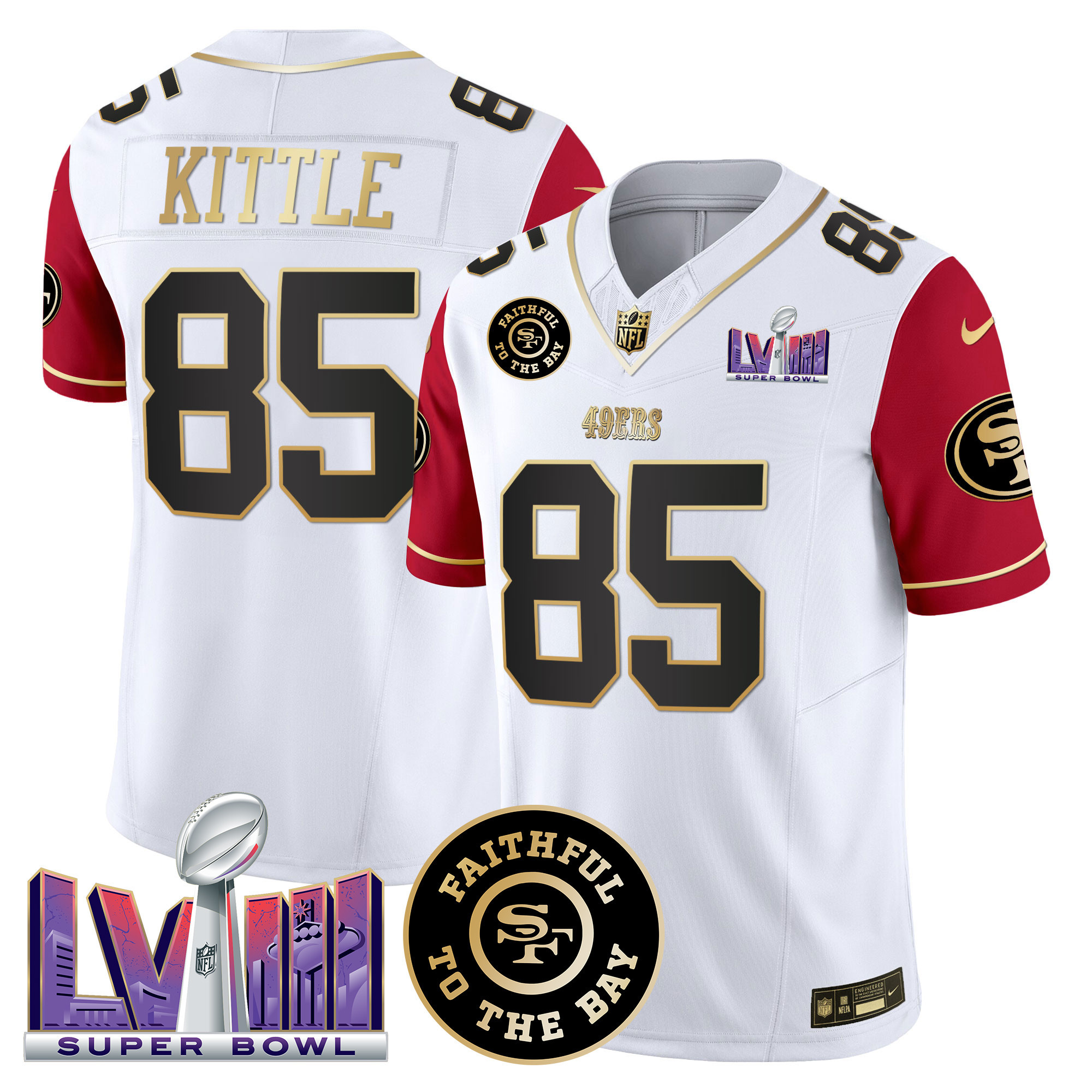 Men's George Kittle San Francisco 49ers Faithful & Super Bowl LVIII Patch Vapor Color Sleeves Jersey V2 - All Stitched