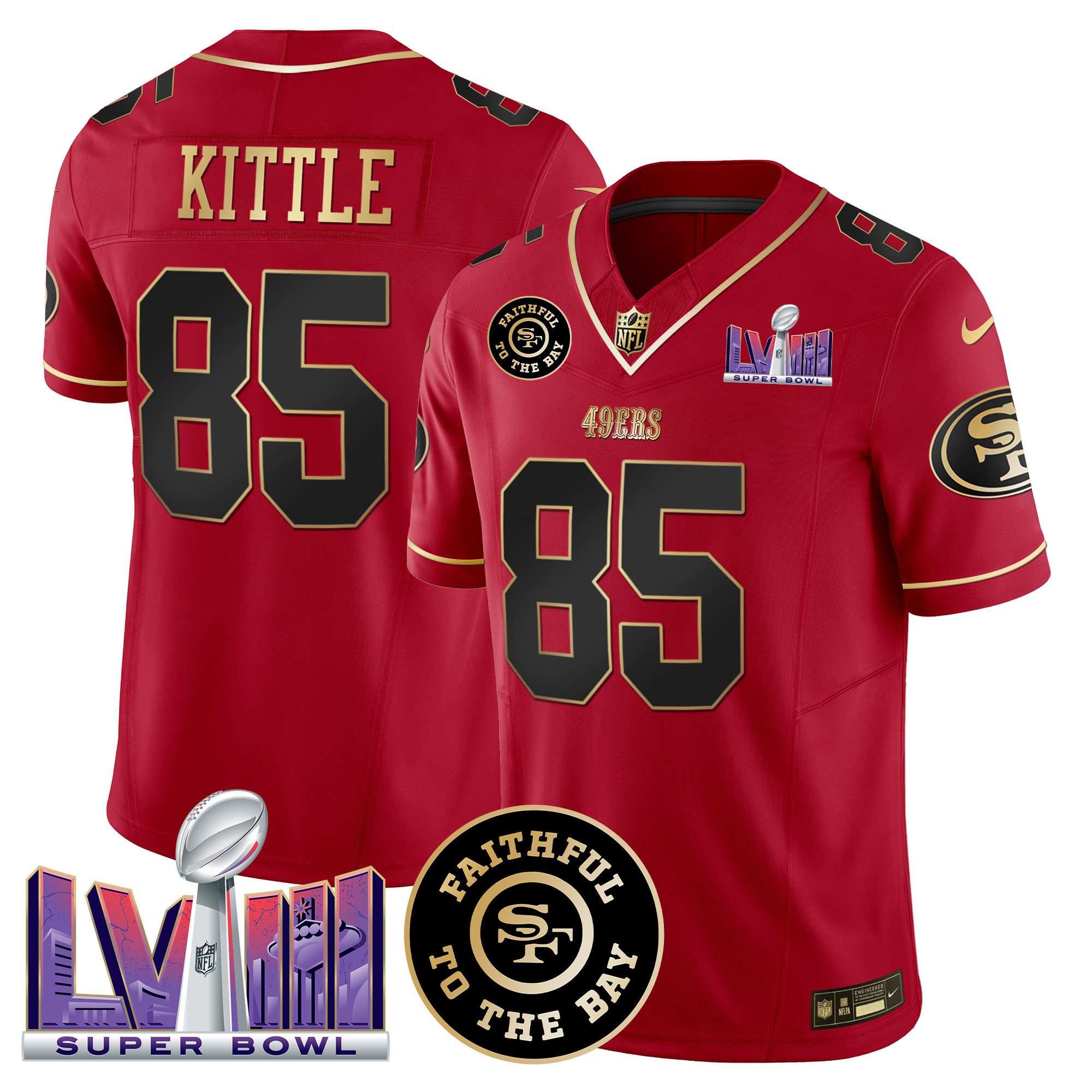 Men's George Kittle San Francisco 49ers Faithful & Super Bowl LVIII Patch Vapor Scarlet Limited Jersey - All Stitched