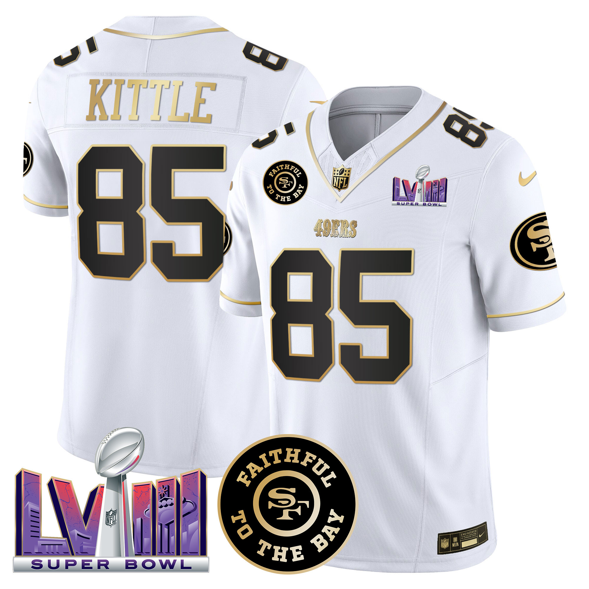 Men's George Kittle San Francisco 49ers Faithful & Super Bowl LVIII Patch Vapor White Gold Jersey V2 - All Stitched