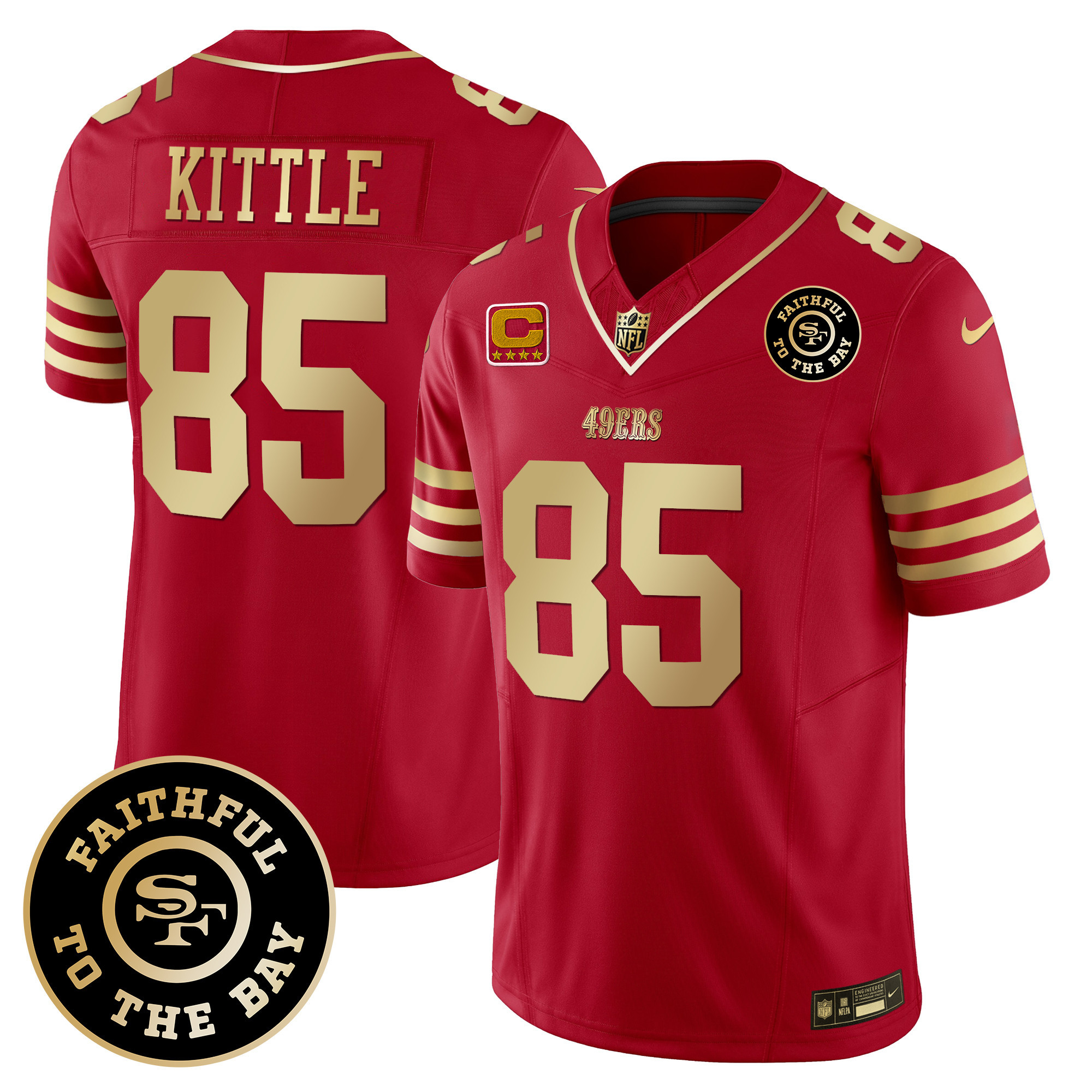 Men's George Kittle San Francisco 49ers Faithful To The Bay Patch Vapor Limited Scarlet Gold Jersey - All Stitched