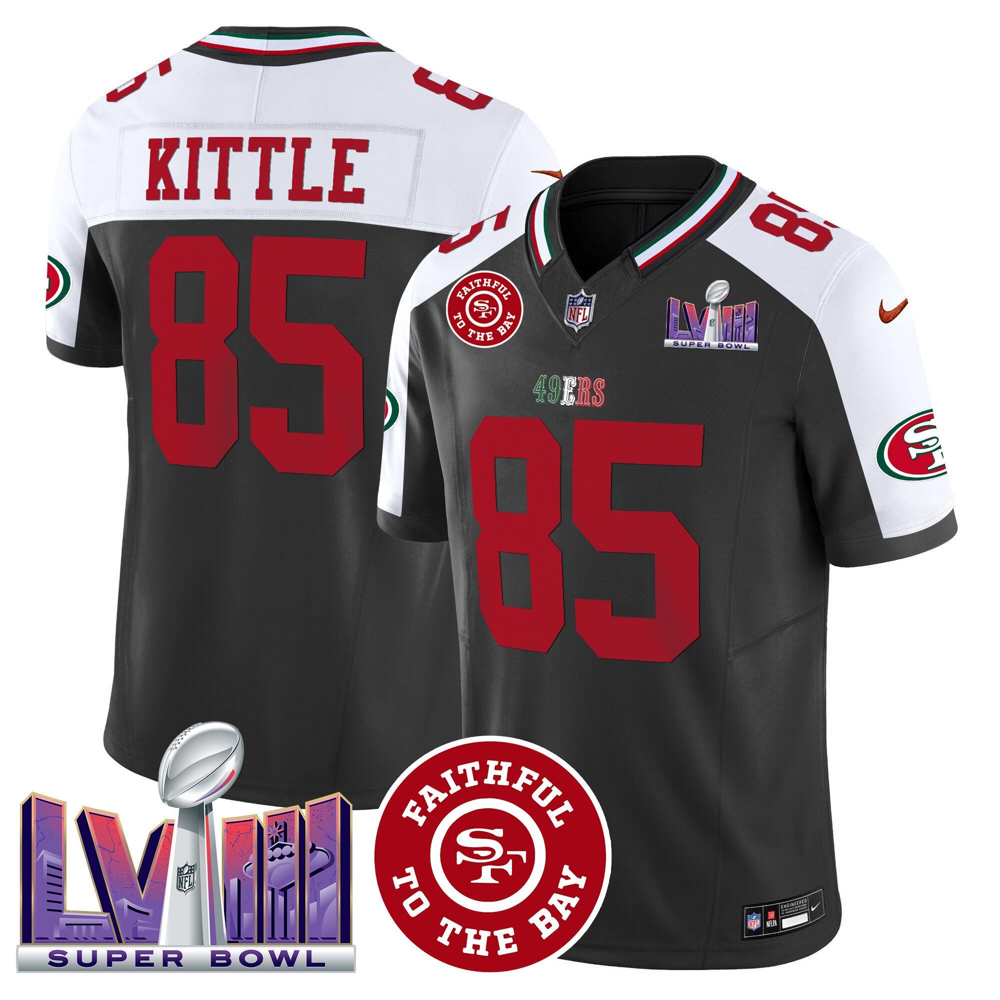 Men's George Kittle San Francisco 49ers Mexico Faithful & Super Bowl LVIII Patch Vapor Black Alterante Jersey - All Stitched