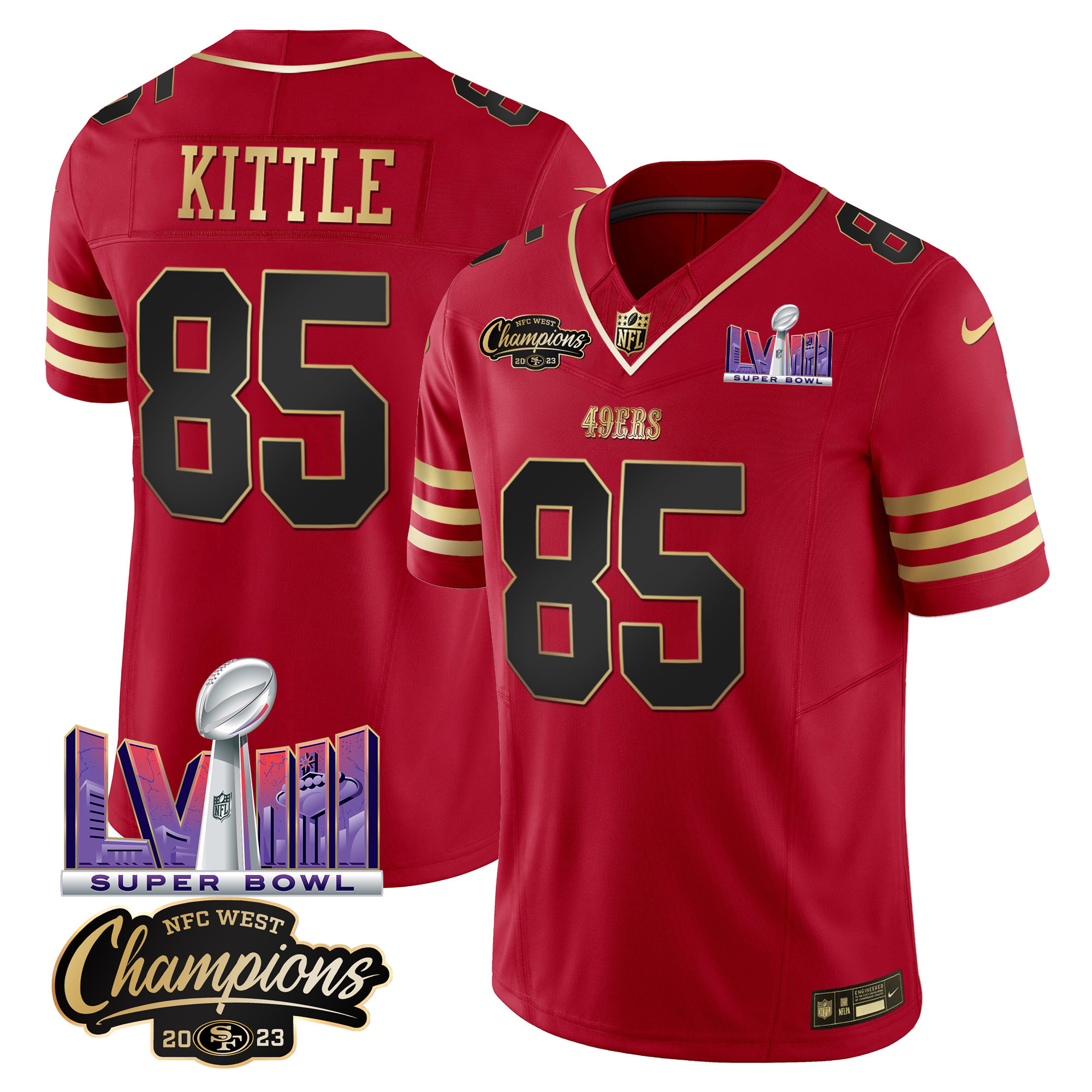 Men's George Kittle San Francisco 49ers NFC West Champions & Super Bowl LVIII Patch Vapor Black Scarlet Jersey V2 - All Stitched