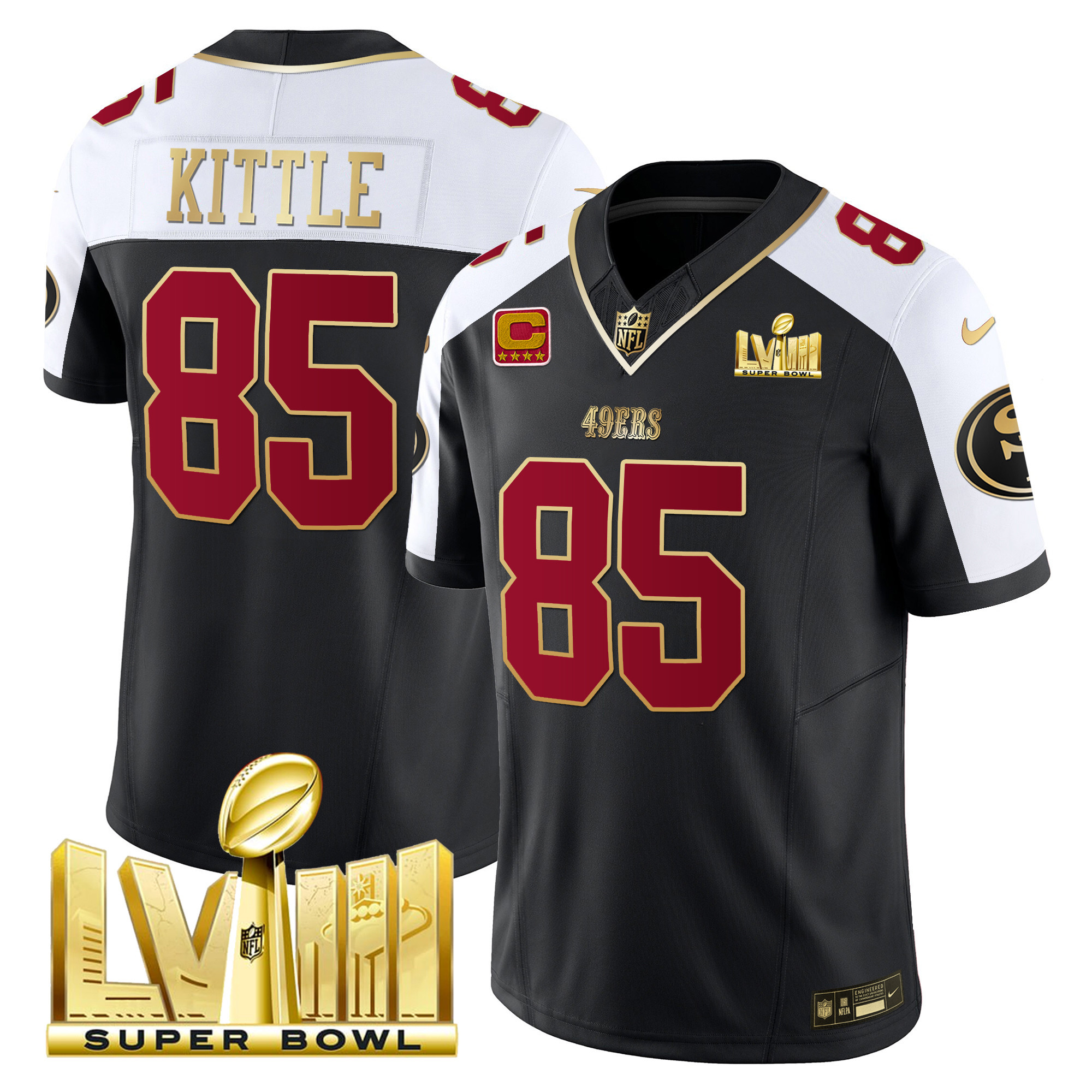 Men's George Kittle San Francisco 49ers Super Bowl LVIII Gold Patch Vapor Black Alternate Jersey - All Stitched