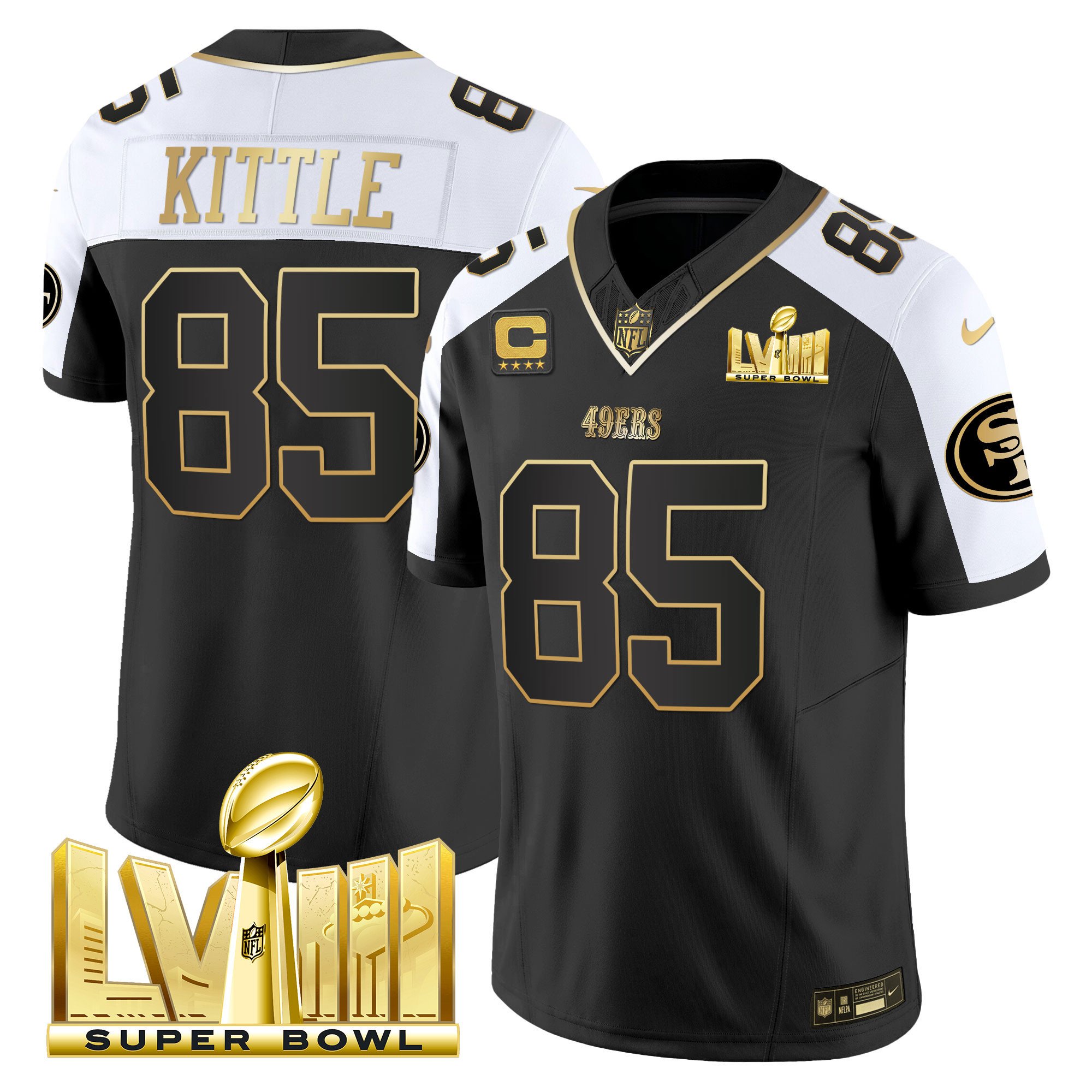 Men's George Kittle San Francisco 49ers Super Bowl LVIII Gold Patch Vapor Black Alternate Jersey V2 - All Stitched