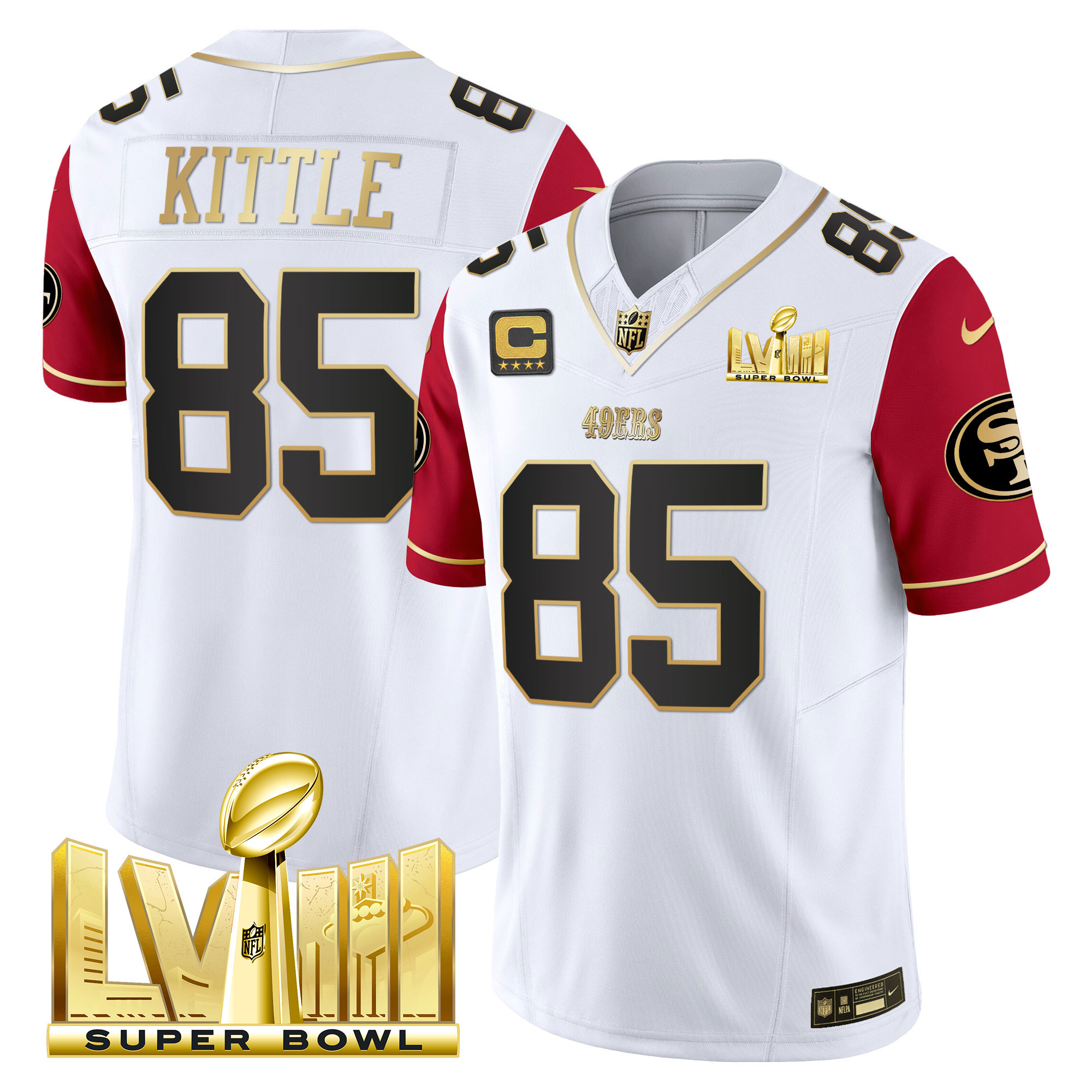 Men's George Kittle San Francisco 49ers Super Bowl LVIII Gold Patch Vapor Color Sleeves Jersey V2 - All Stitched