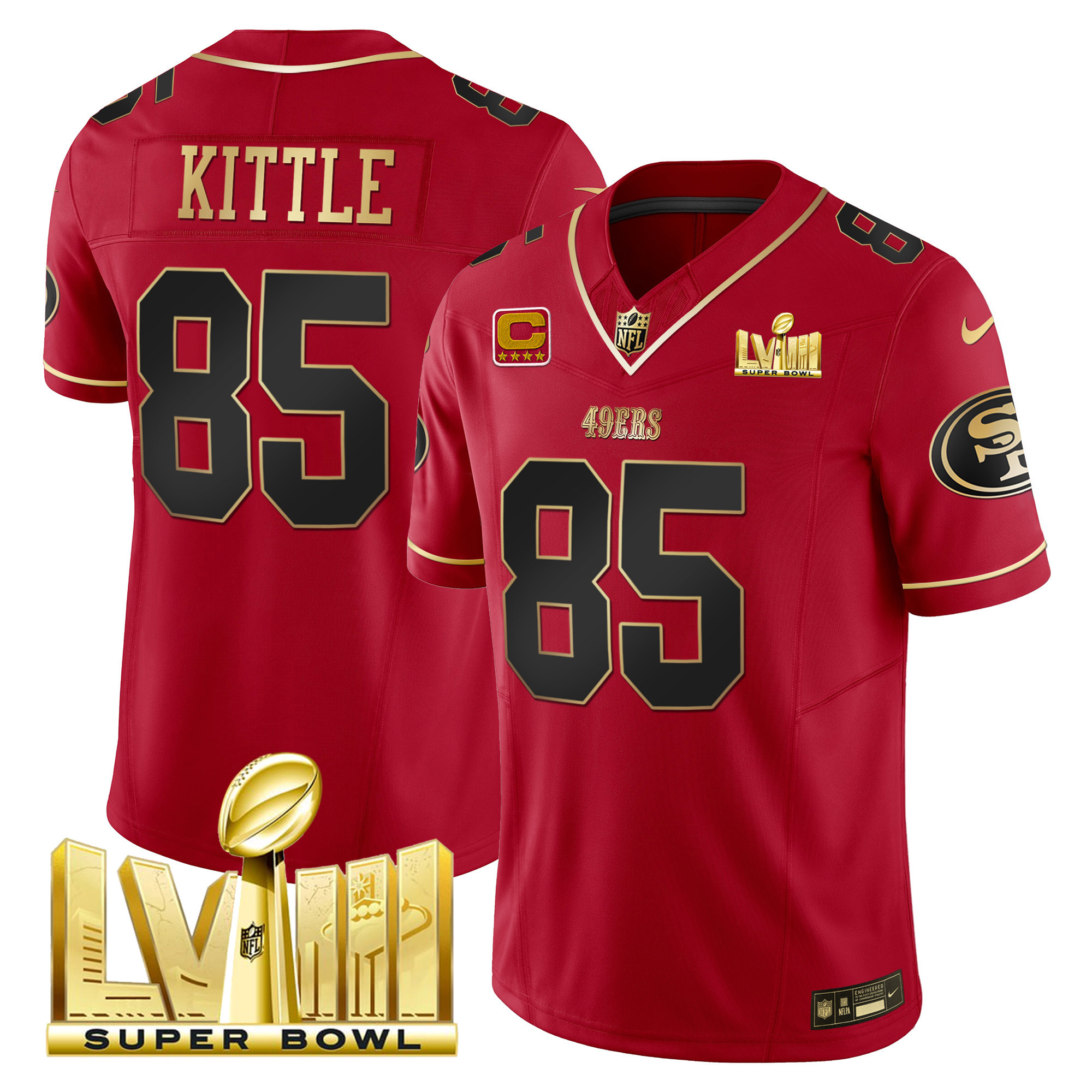 Men's George Kittle San Francisco 49ers Super Bowl LVIII Gold Patch Vapor Scarlet Limited Jersey - All Stitched