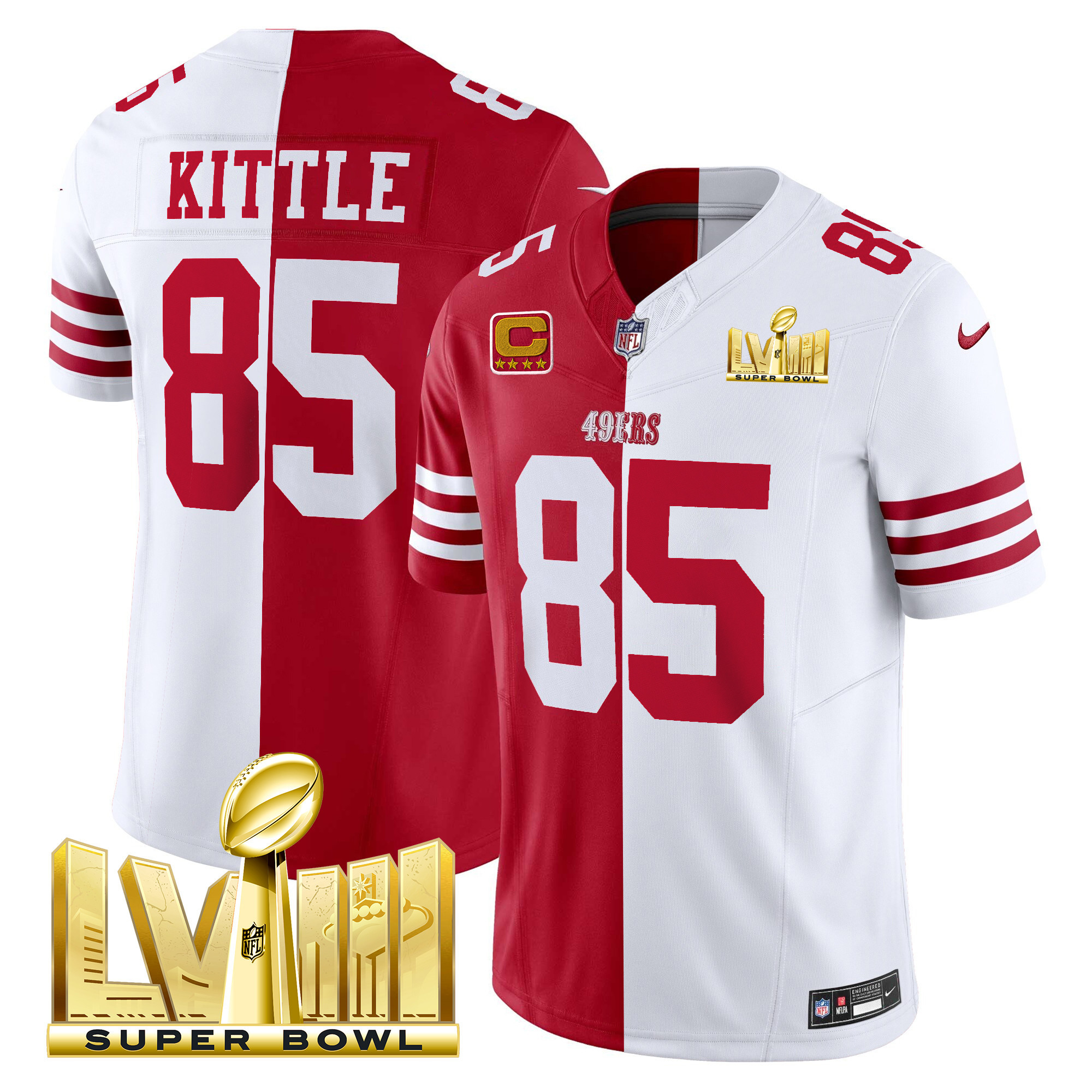 Men's George Kittle San Francisco 49ers Super Bowl LVIII Gold Patch Vapor Split Jersey V2 - All Stitched