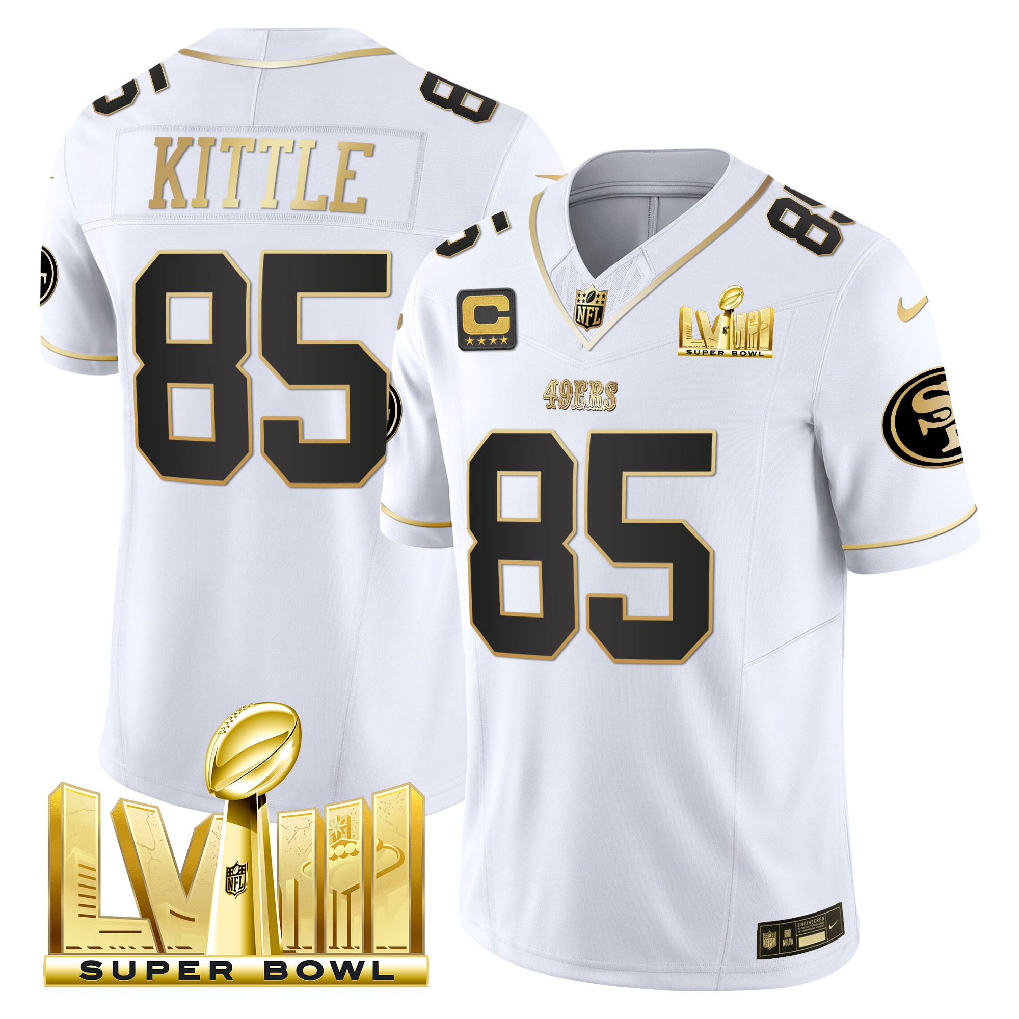 Men's George Kittle San Francisco 49ers Super Bowl LVIII Gold Patch Vapor White Gold Jersey V2 - All Stitched