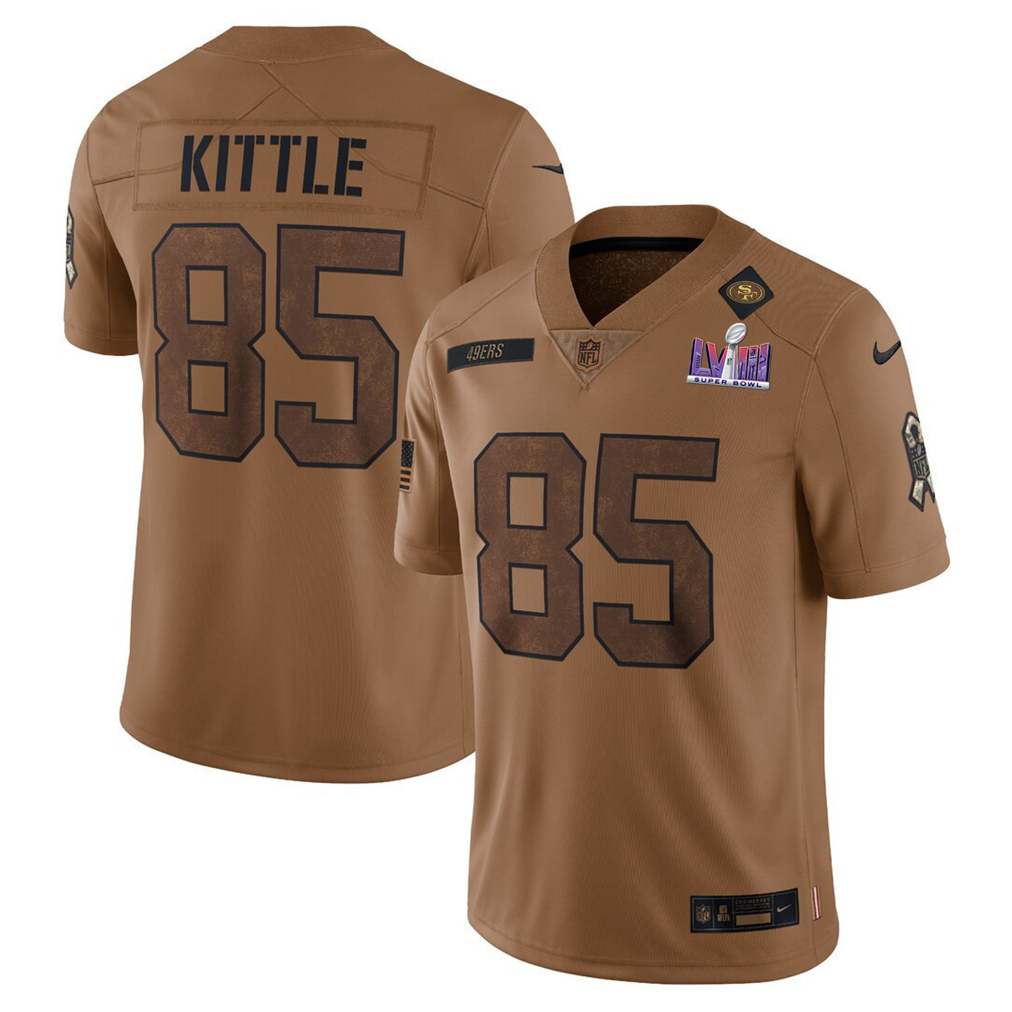 Men's George Kittle San Francisco 49ers Super Bowl LVIII Patch Salute To Service Brown Limited Jersey - All Stitched