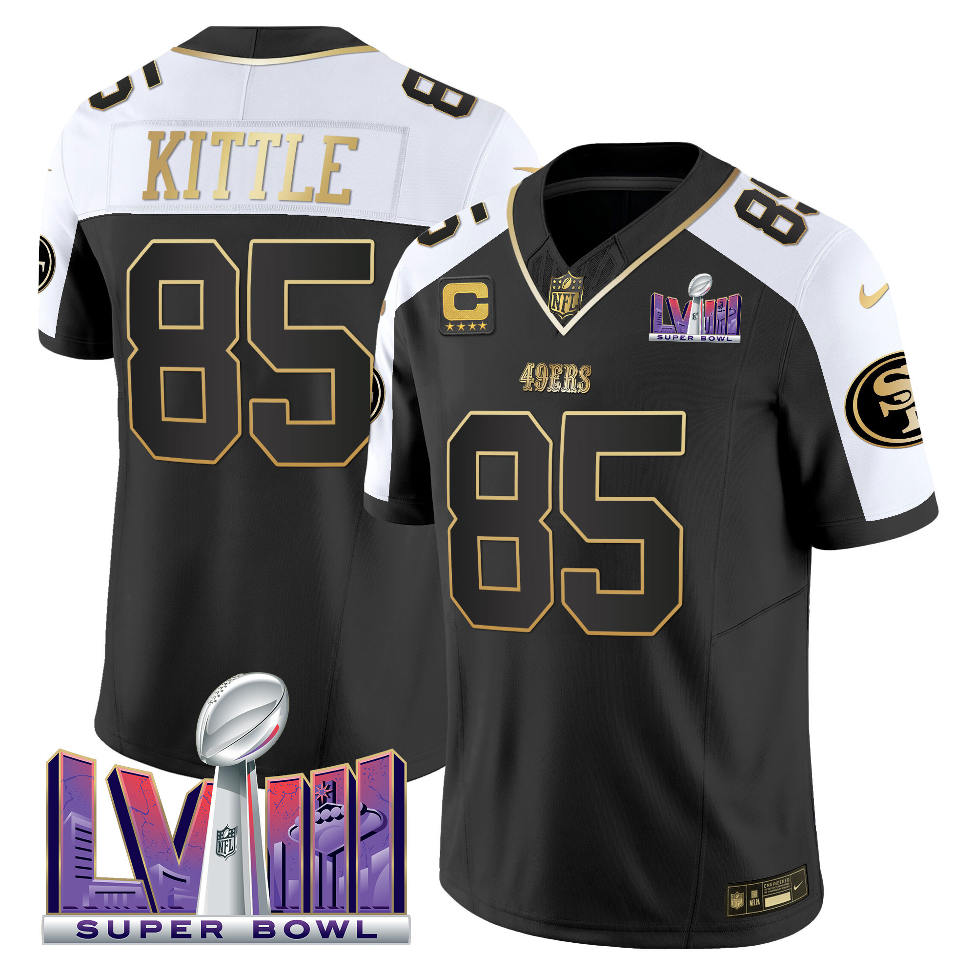 Men's George Kittle San Francisco 49ers Super Bowl LVIII Patch Vapor Black Alternate Jersey V2 - All Stitched