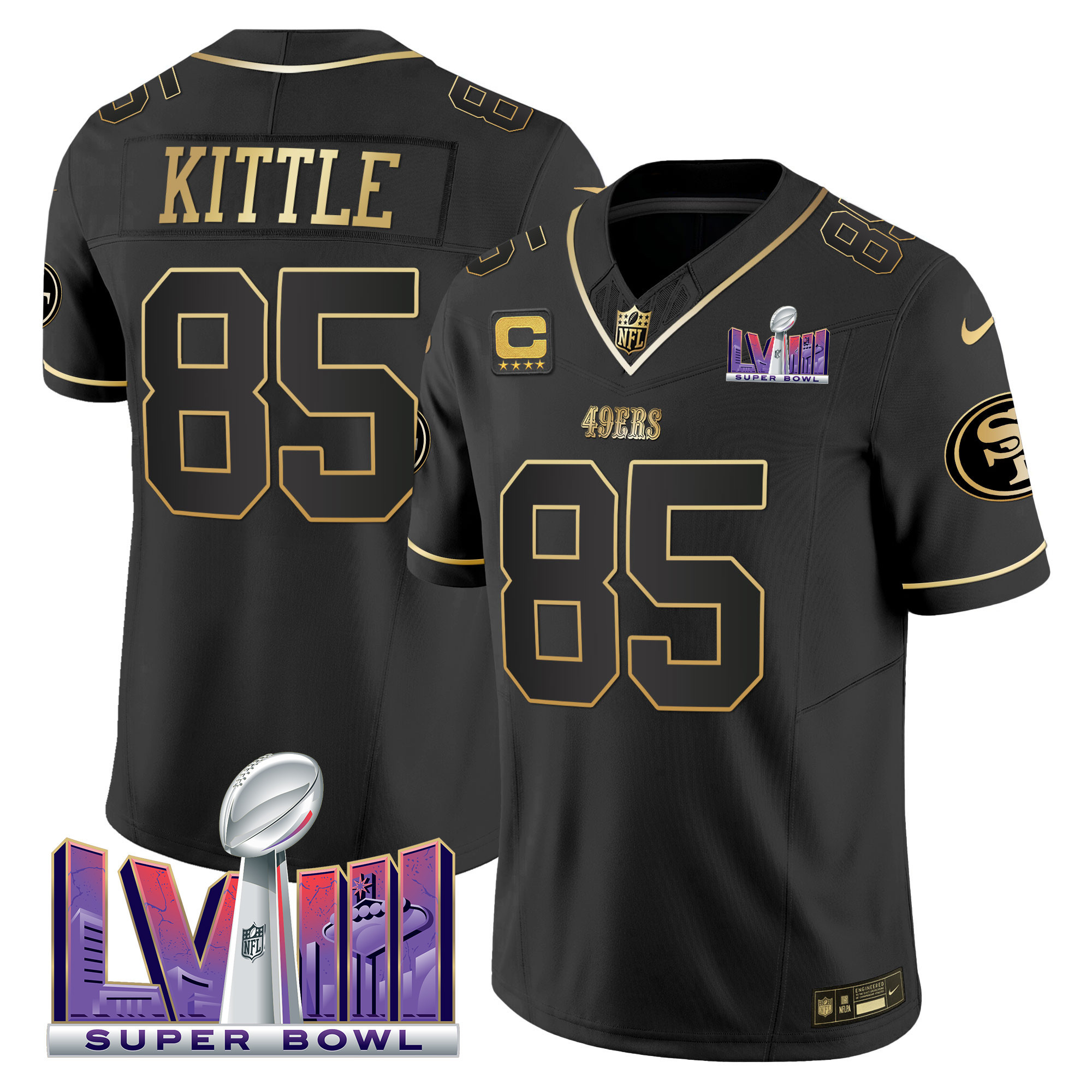 Men's George Kittle San Francisco 49ers Super Bowl LVIII Patch Vapor Black Gold Jersey V2 - All Stitched