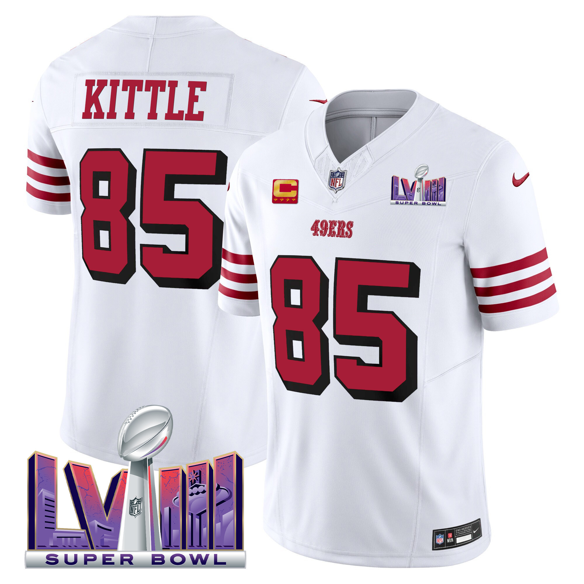 Men's George Kittle San Francisco 49ers Super Bowl LVIII Patch Vapor Limited White Jersey V2 - All Stitched