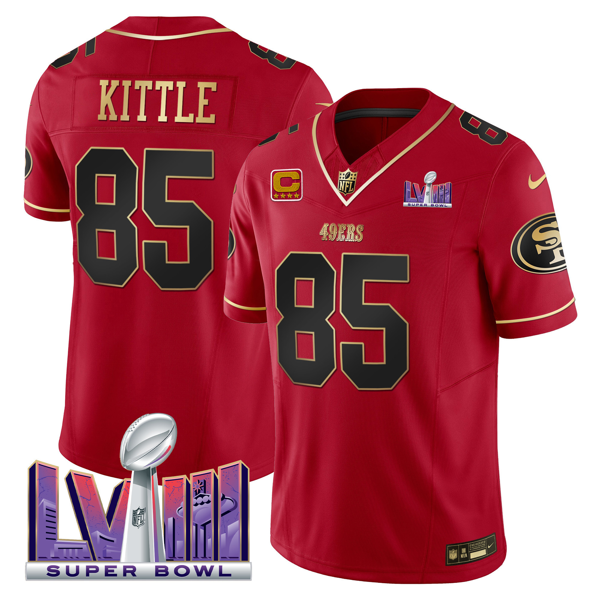 Men's George Kittle San Francisco 49ers Super Bowl LVIII Patch Vapor Scarlet Limited Jersey - All Stitched