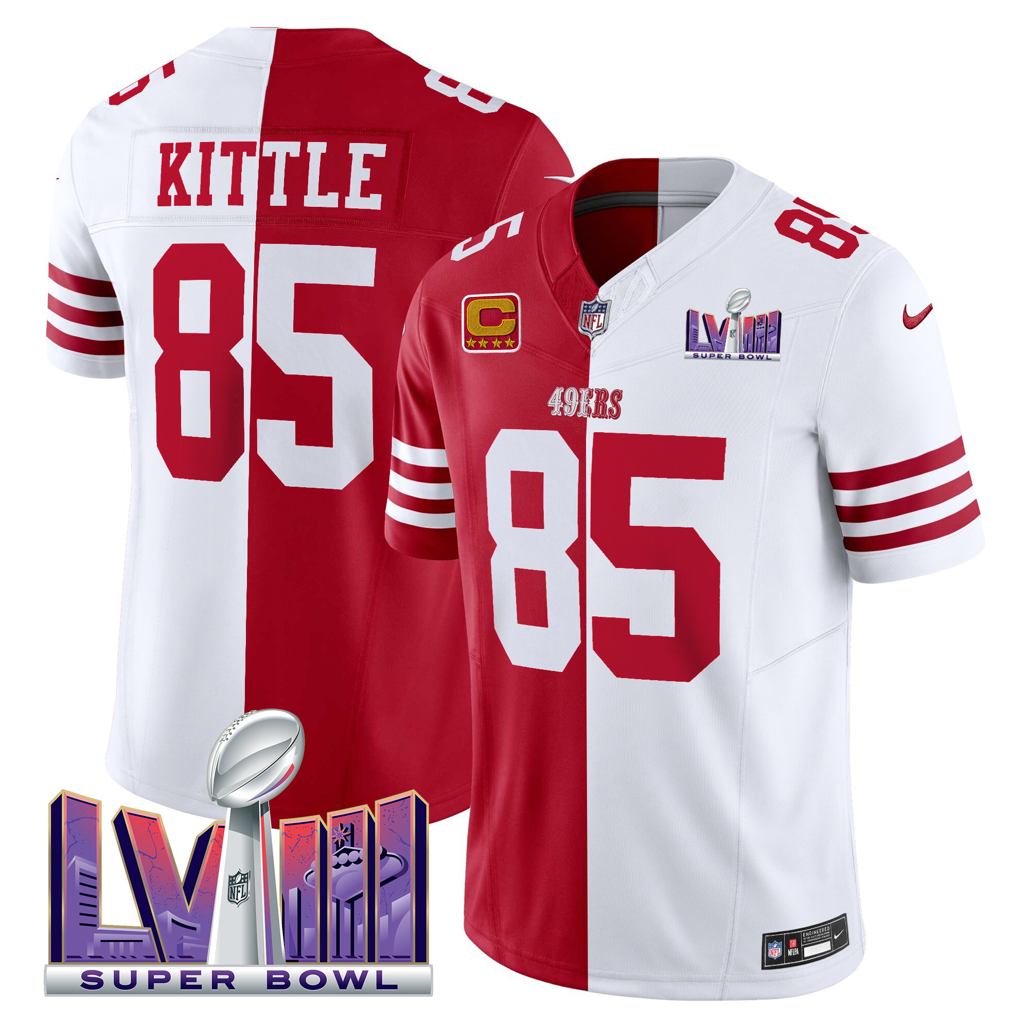 Men's George Kittle San Francisco 49ers Super Bowl LVIII Patch Vapor Split Jersey V2 - All Stitched