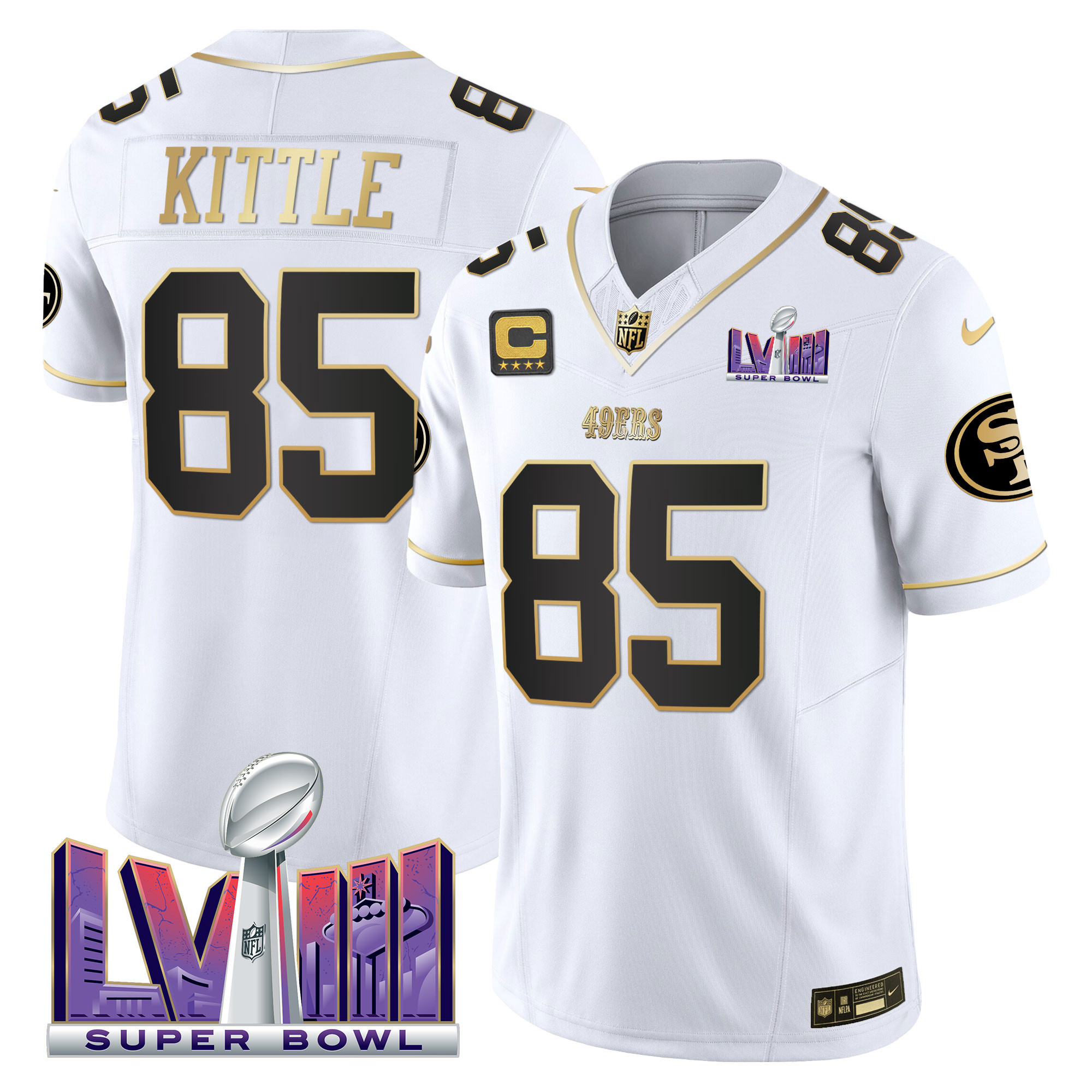 Men's George Kittle San Francisco 49ers Super Bowl LVIII Patch Vapor White Gold Jersey V2 - All Stitched