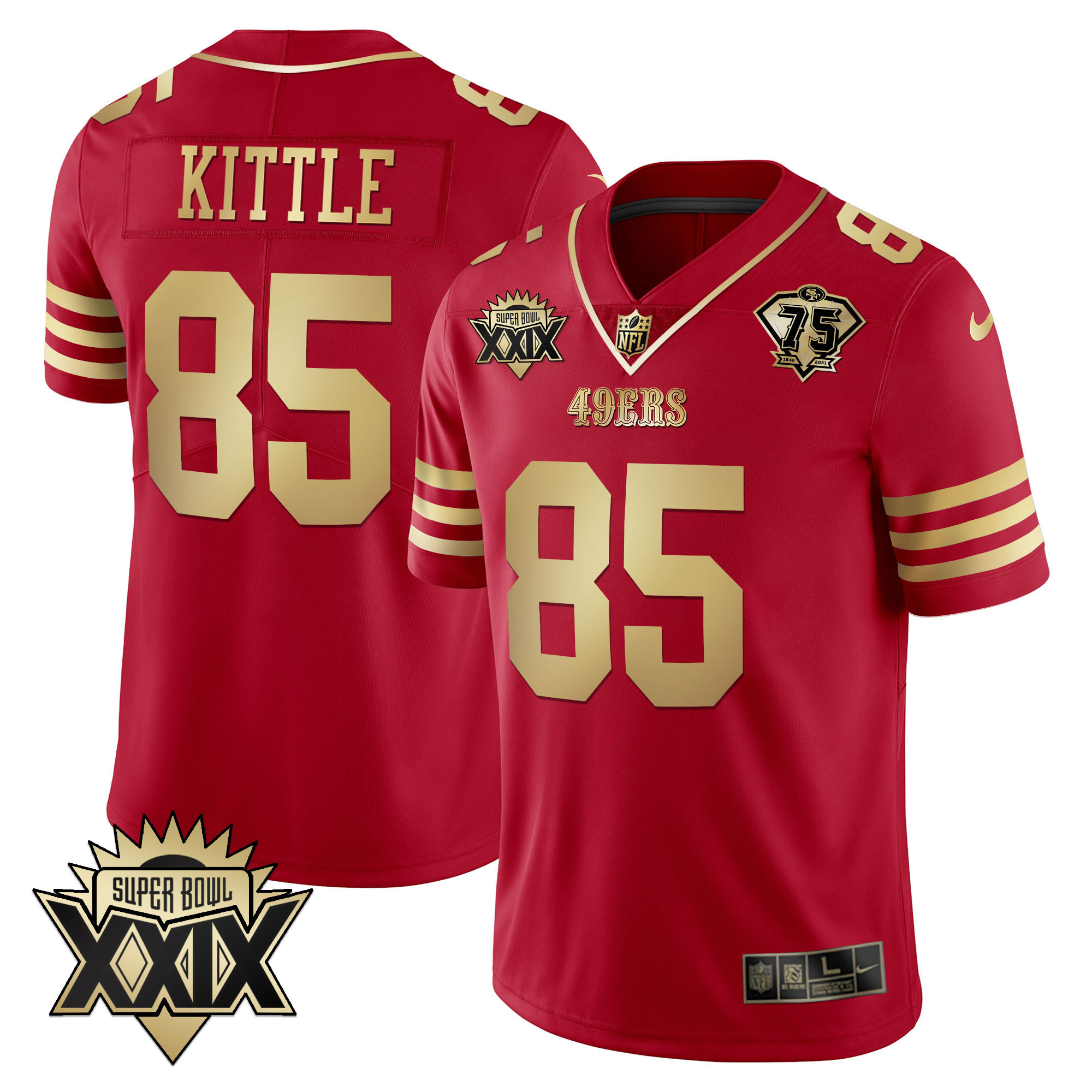 Men's George Kittle San Francisco 49ers Super Bowl XXIX Patch Black Red Gold Red Gold Jersey - All Stitched