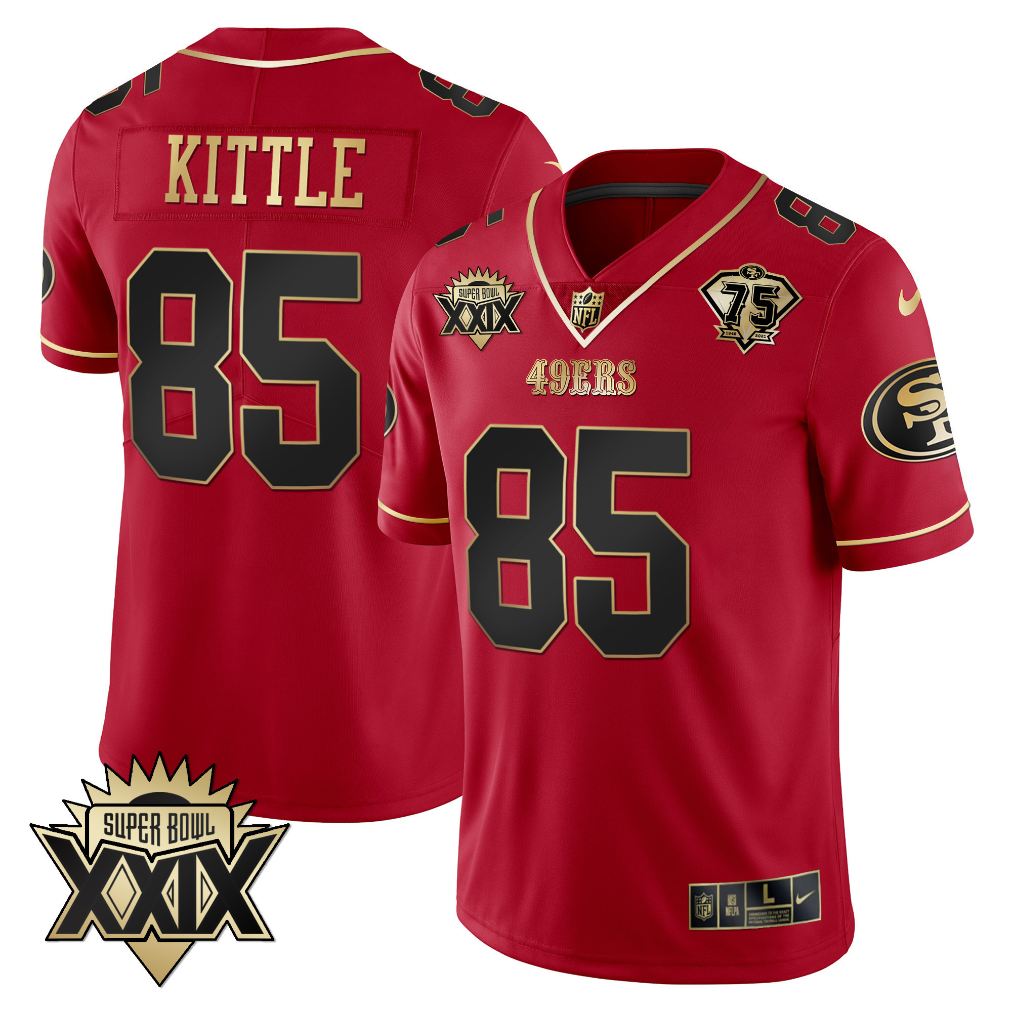 Men's George Kittle San Francisco 49ers Super Bowl XXIX Patch Black Red Gold Red Limited Jersey - All Stitched