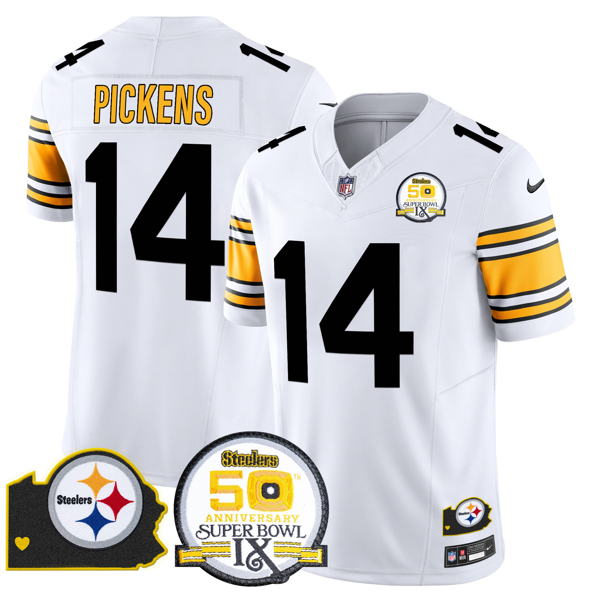 Men's George Pickens Pittsburgh Steelers 50th Anniversary Of Super Bowl IX & Map Patch Vapor Limited 1975 White Jersey - All Stitched