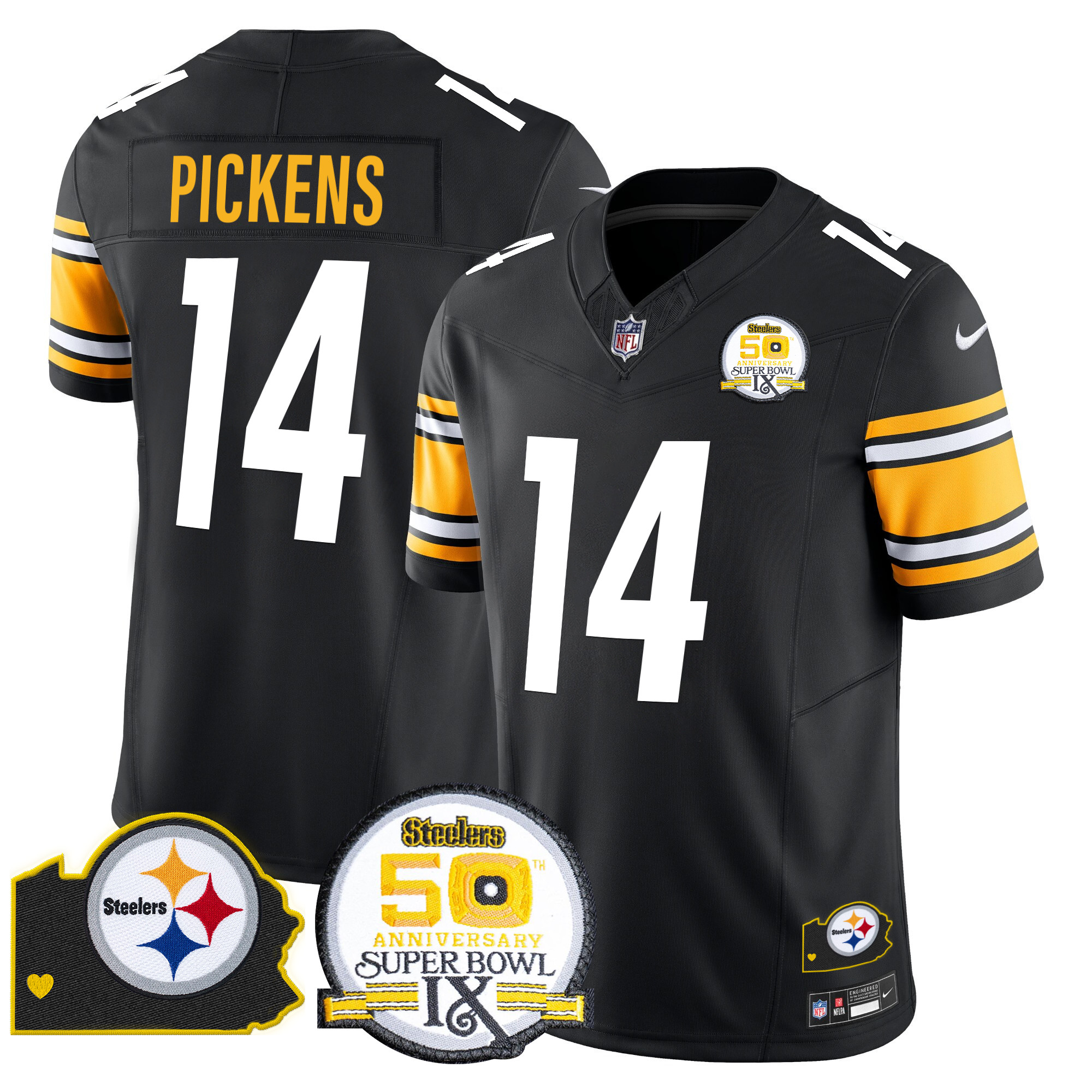Men's George Pickens Pittsburgh Steelers 50th Anniversary Of Super Bowl IX & Map Patch Vapor Limited Black Jersey - All Stitched