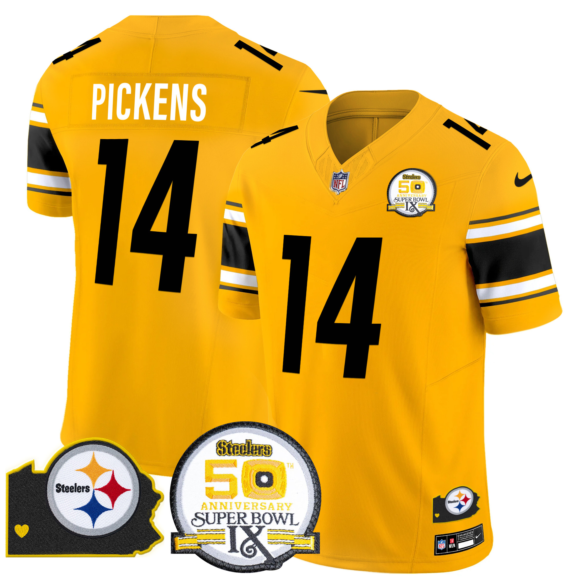 Men's George Pickens Pittsburgh Steelers 50th Anniversary Of Super Bowl IX & Map Patch Vapor Limited Gold Jersey - All Stitched