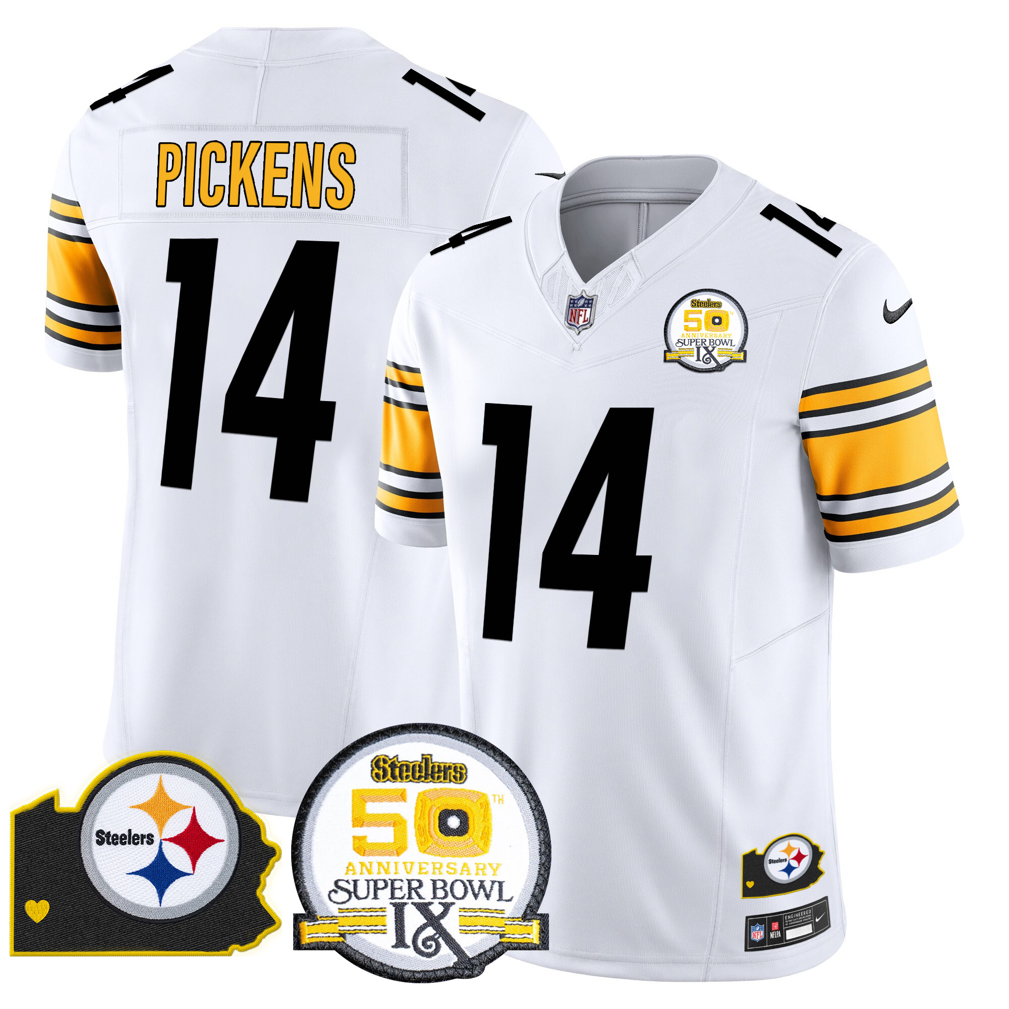Men's George Pickens Pittsburgh Steelers 50th Anniversary Of Super Bowl IX & Map Patch Vapor Limited White Jersey - All Stitched