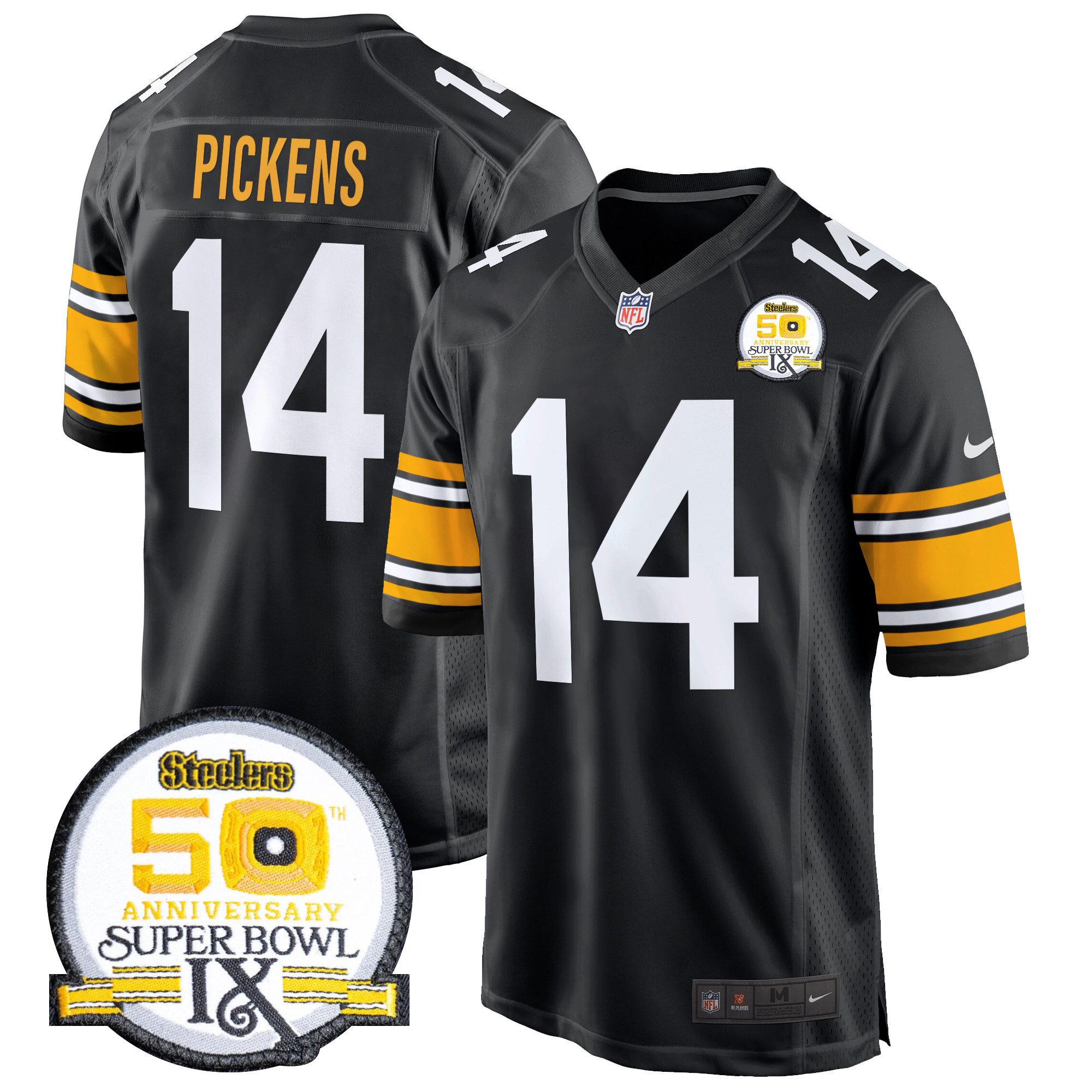 Men's George Pickens Pittsburgh Steelers 50th Anniversary Of Super Bowl IX Patch Game 1975 Throwback Jersey - All Stitched